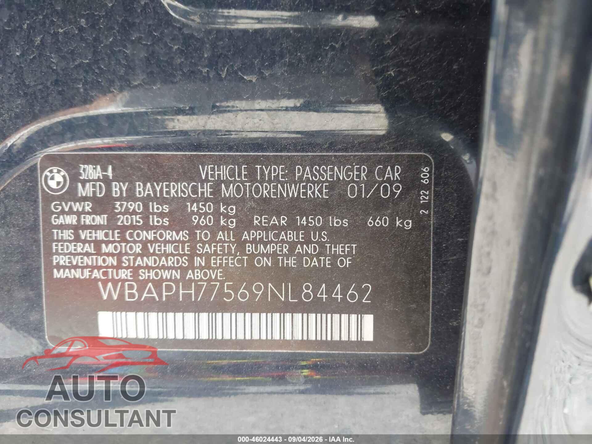 BMW 328I 2009 - WBAPH77569NL84462