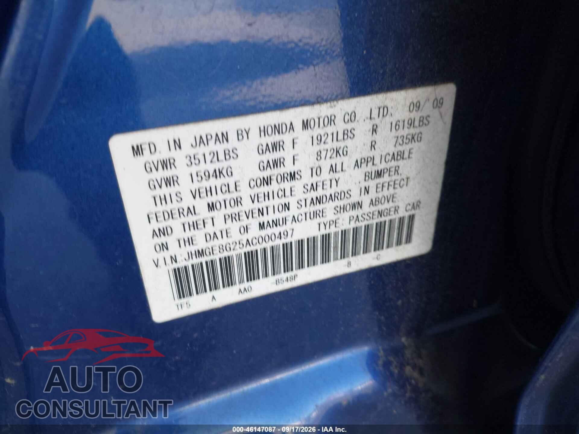 HONDA FIT 2010 - JHMGE8G25AC000497