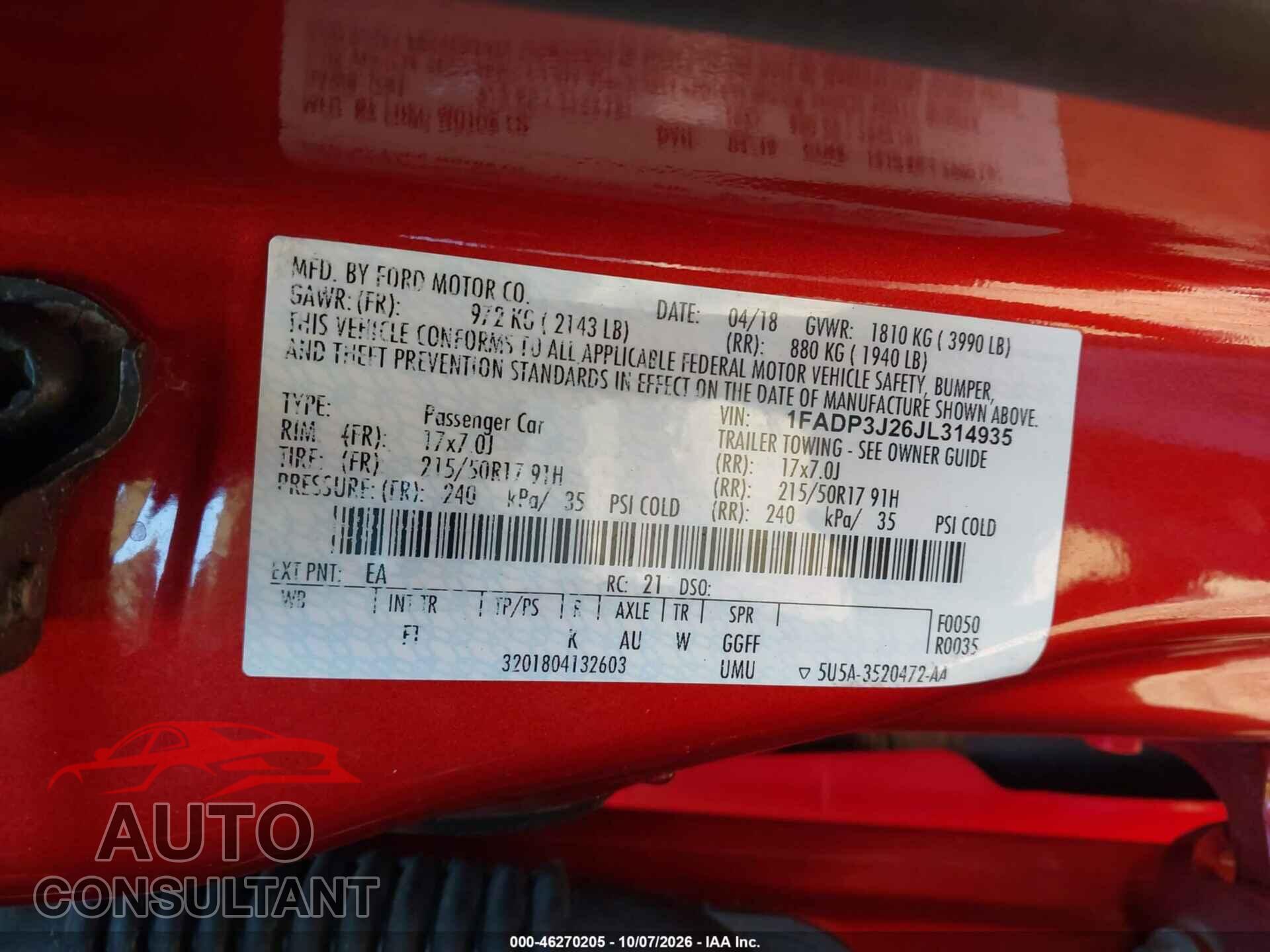 FORD FOCUS 2018 - 1FADP3J26JL314935