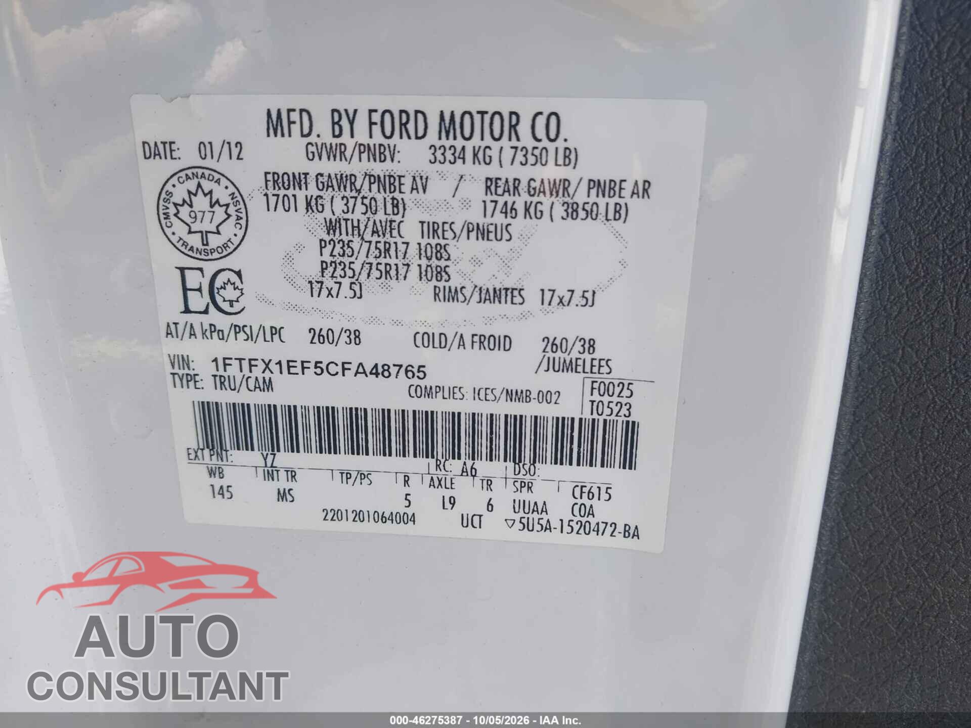 FORD F-150 2012 - 1FTFX1EF5CFA48765