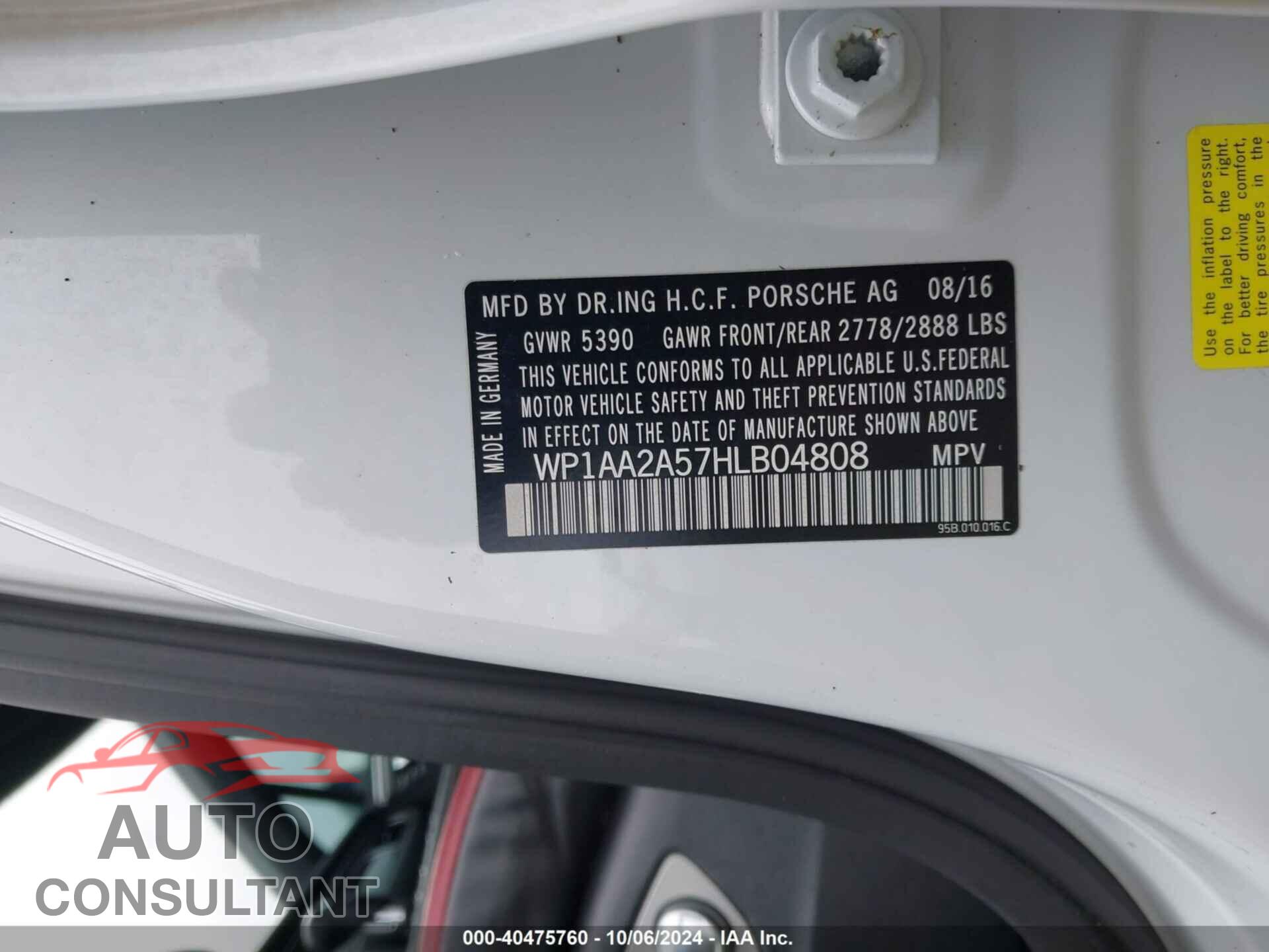 PORSCHE MACAN 2017 - WP1AA2A57HLB04808