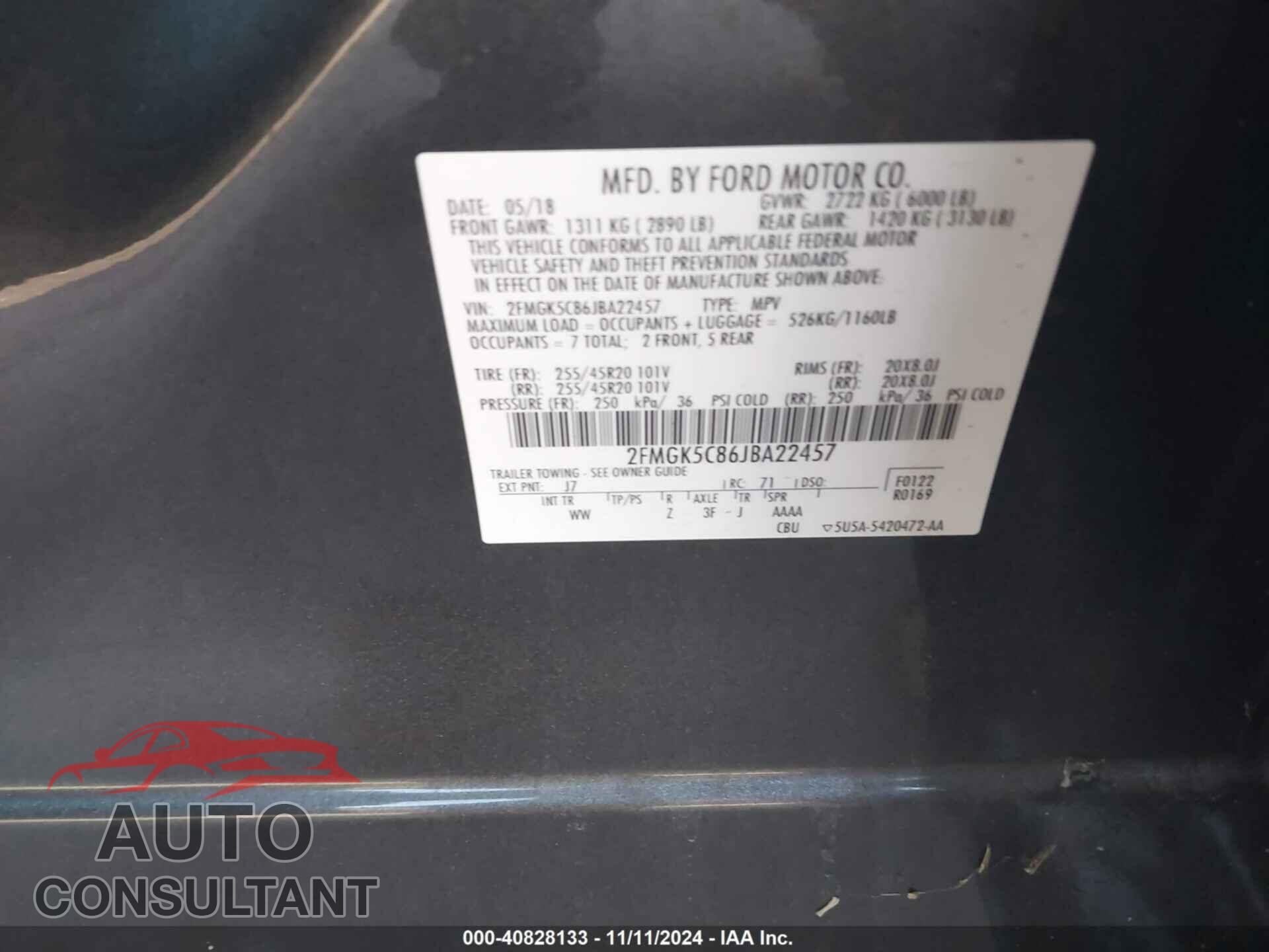 FORD FLEX 2018 - 2FMGK5C86JBA22457