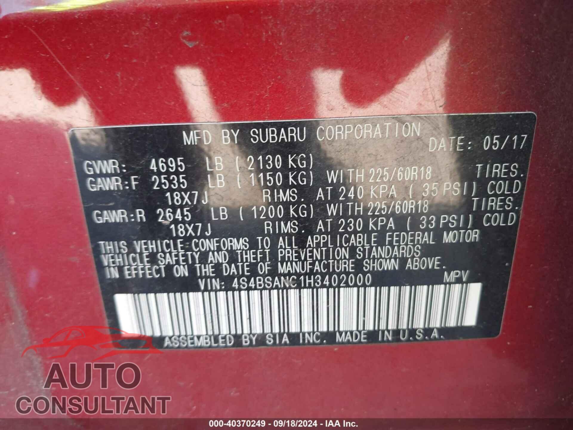 SUBARU OUTBACK 2017 - 4S4BSANC1H3402000