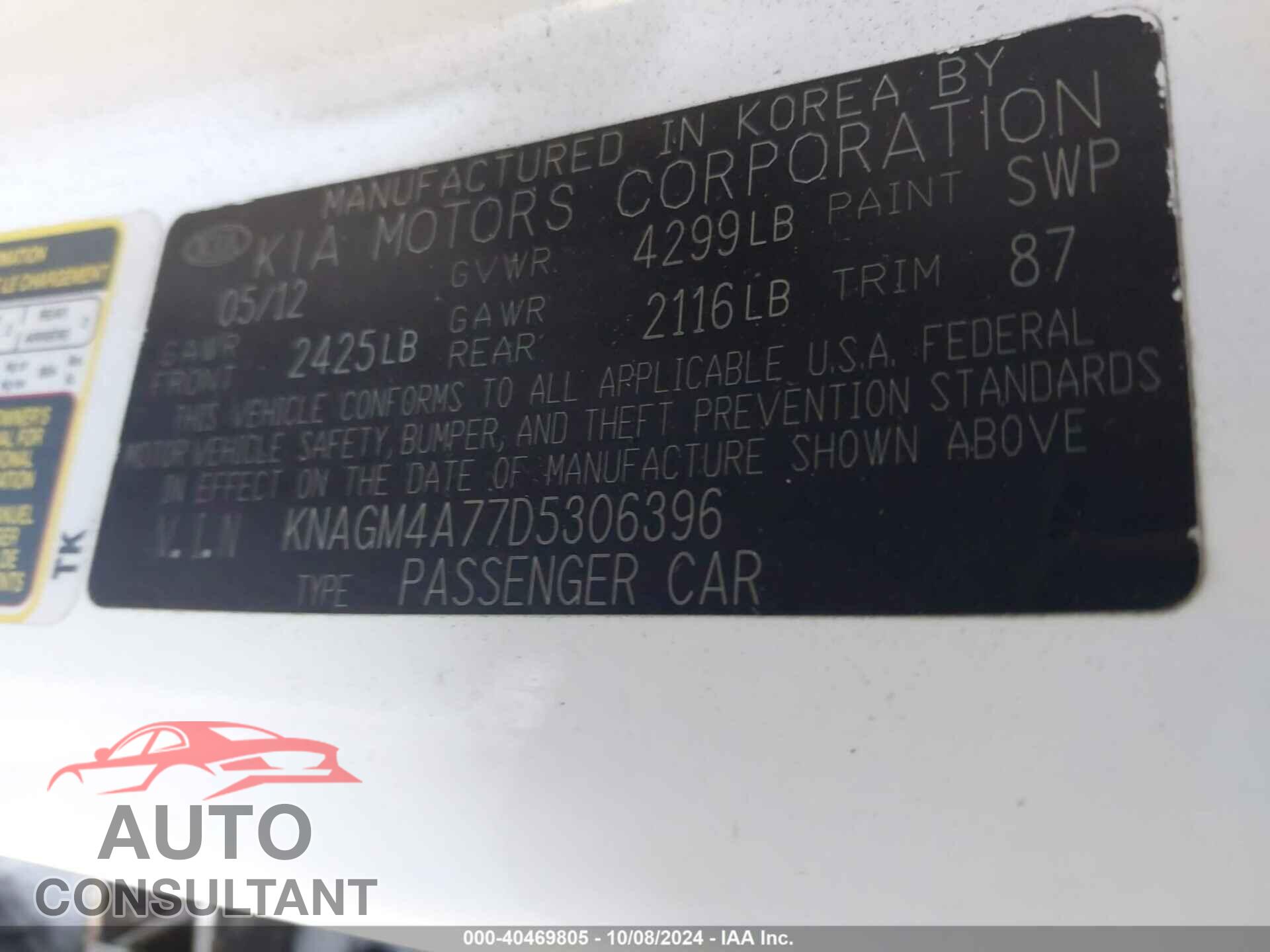 KIA OPTIMA 2013 - KNAGM4A77D5306396