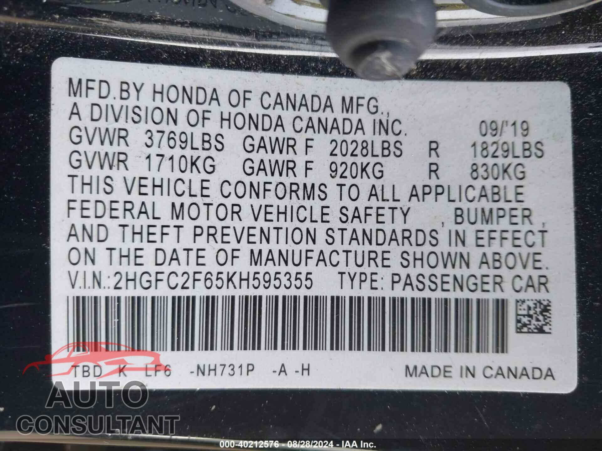 HONDA CIVIC 2019 - 2HGFC2F65KH595355
