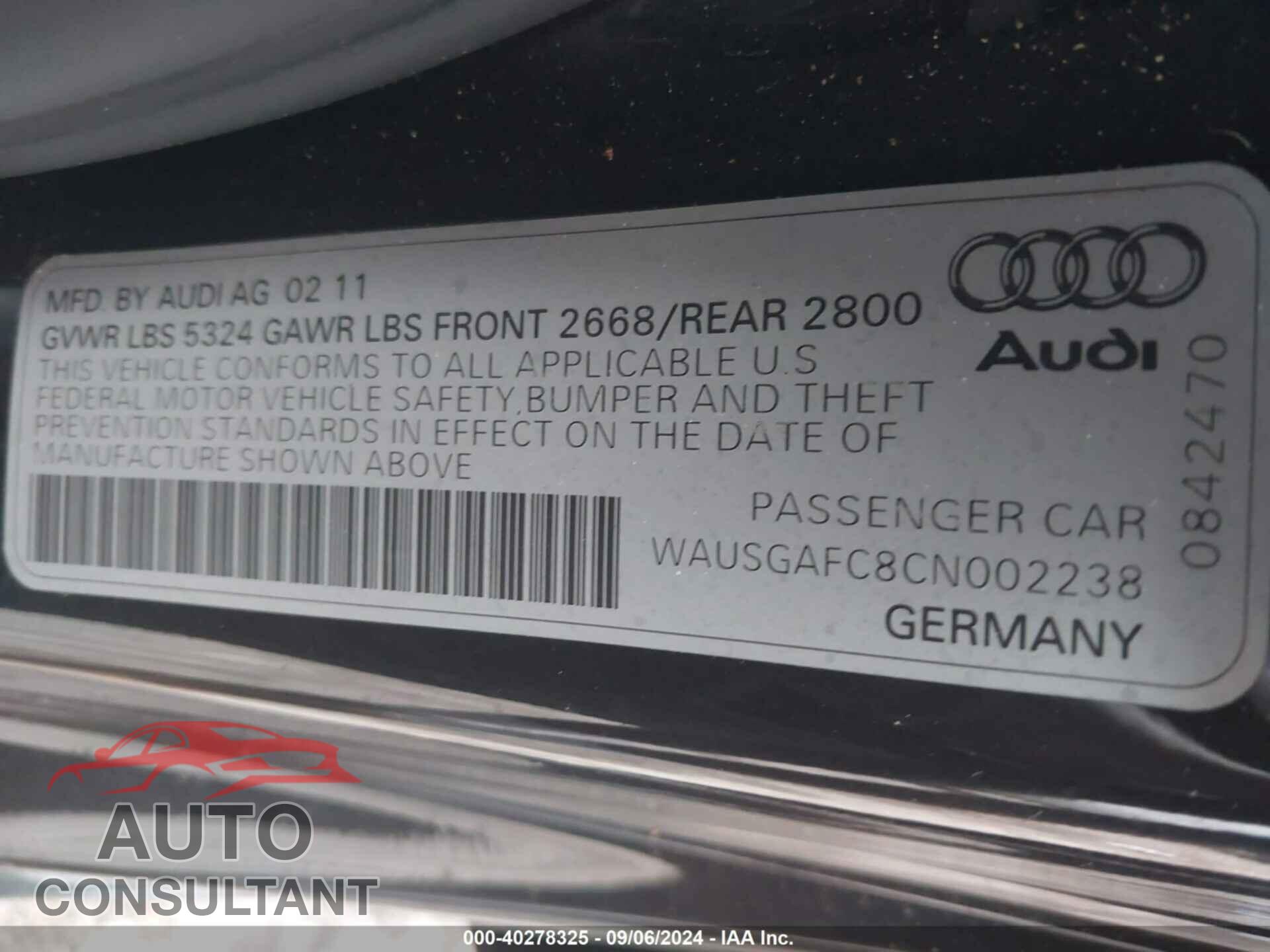 AUDI A7 2012 - WAUSGAFC8CN002238