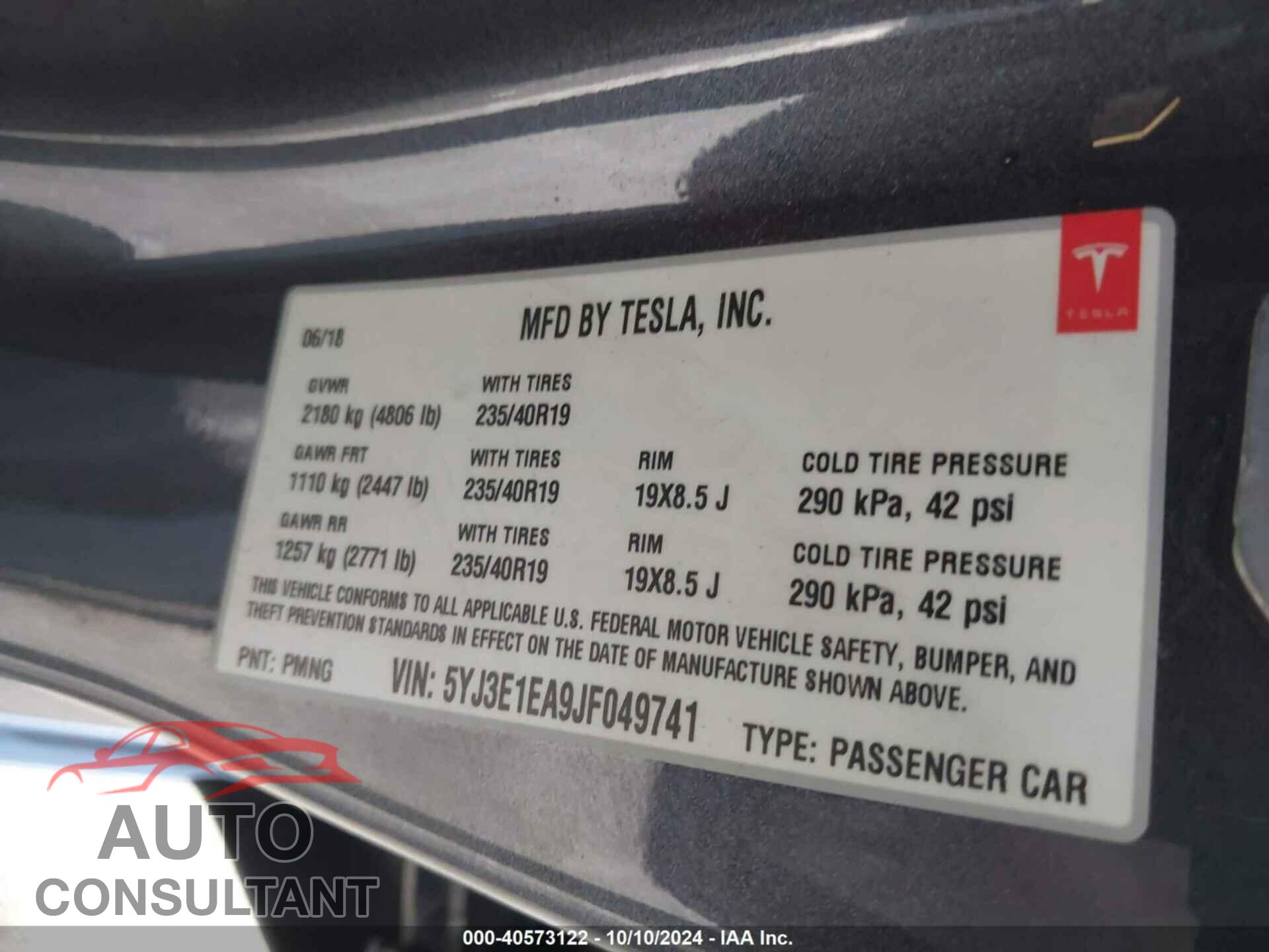 TESLA MODEL 3 2018 - 5YJ3E1EA9JF049741