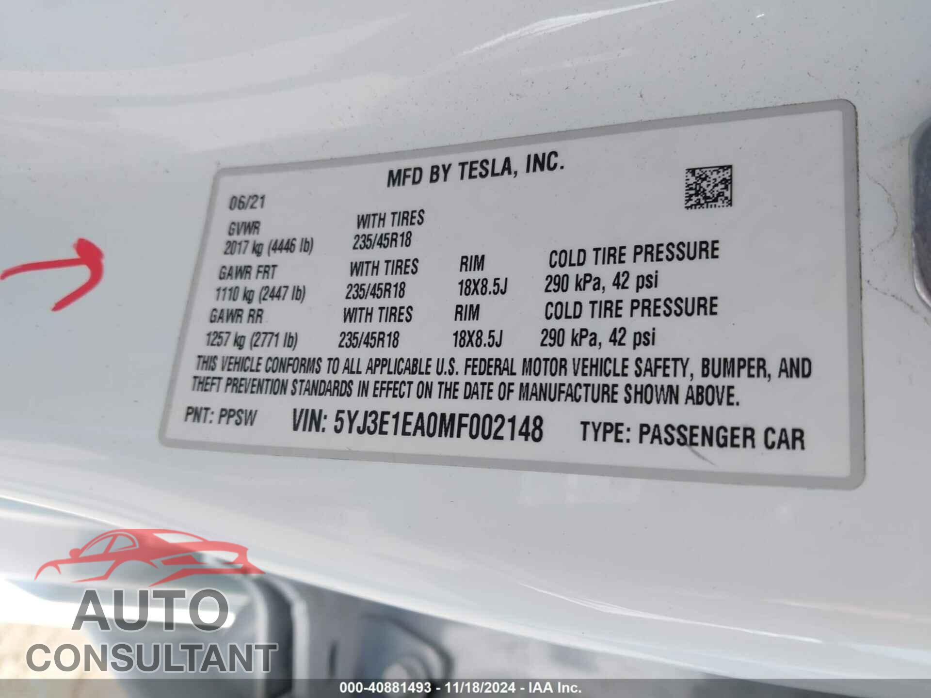 TESLA MODEL 3 2021 - 5YJ3E1EA0MF002148