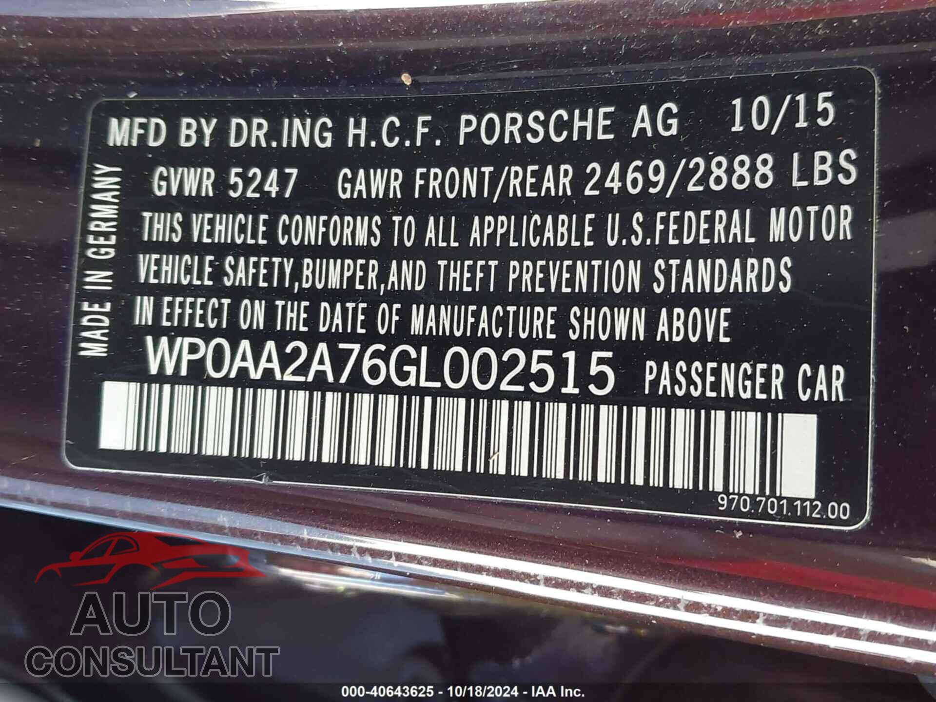 PORSCHE PANAMERA 2016 - WP0AA2A76GL002515