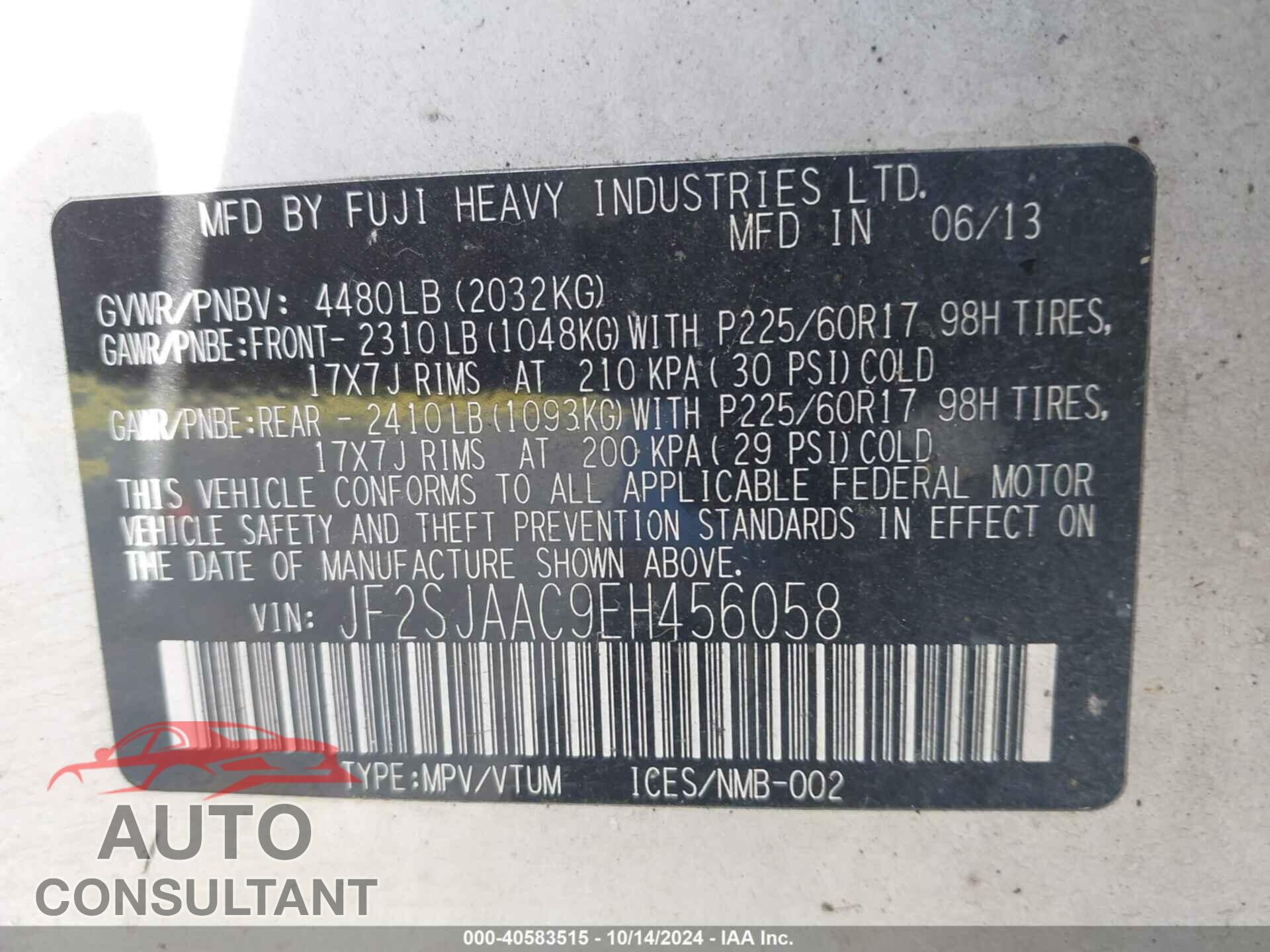 SUBARU FORESTER 2014 - JF2SJAAC9EH456058