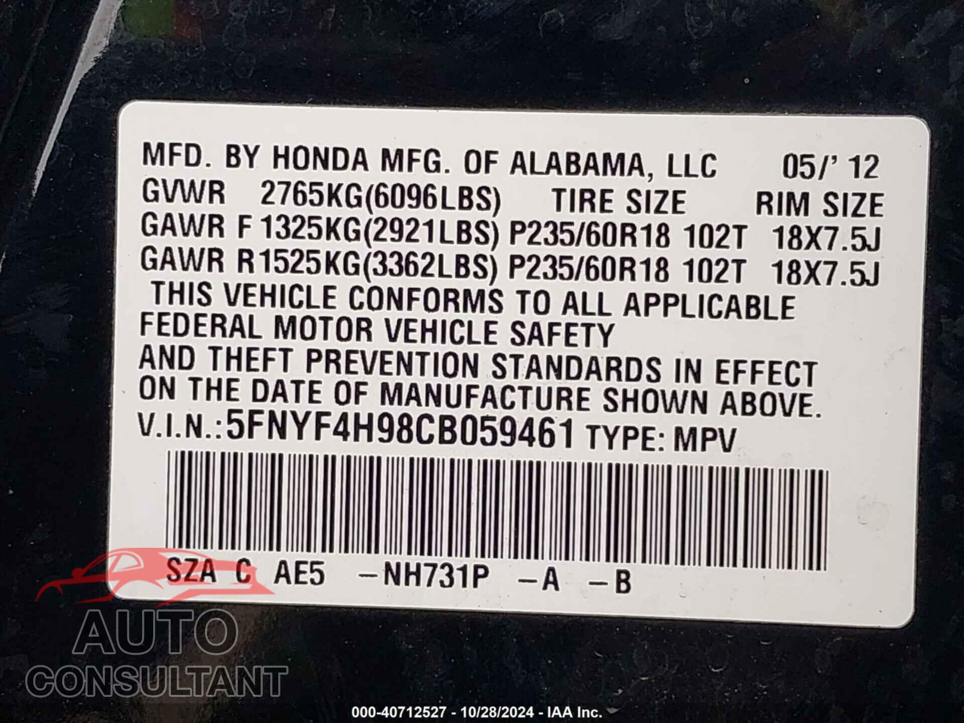 HONDA PILOT 2012 - 5FNYF4H98CB059461