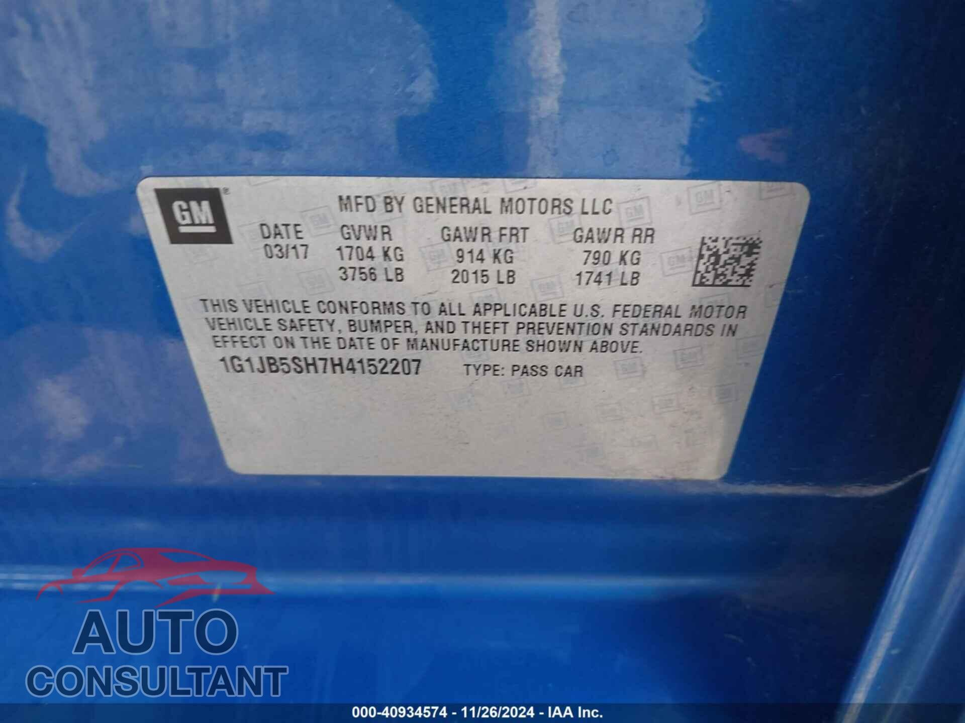 CHEVROLET SONIC 2017 - 1G1JB5SH7H4152207