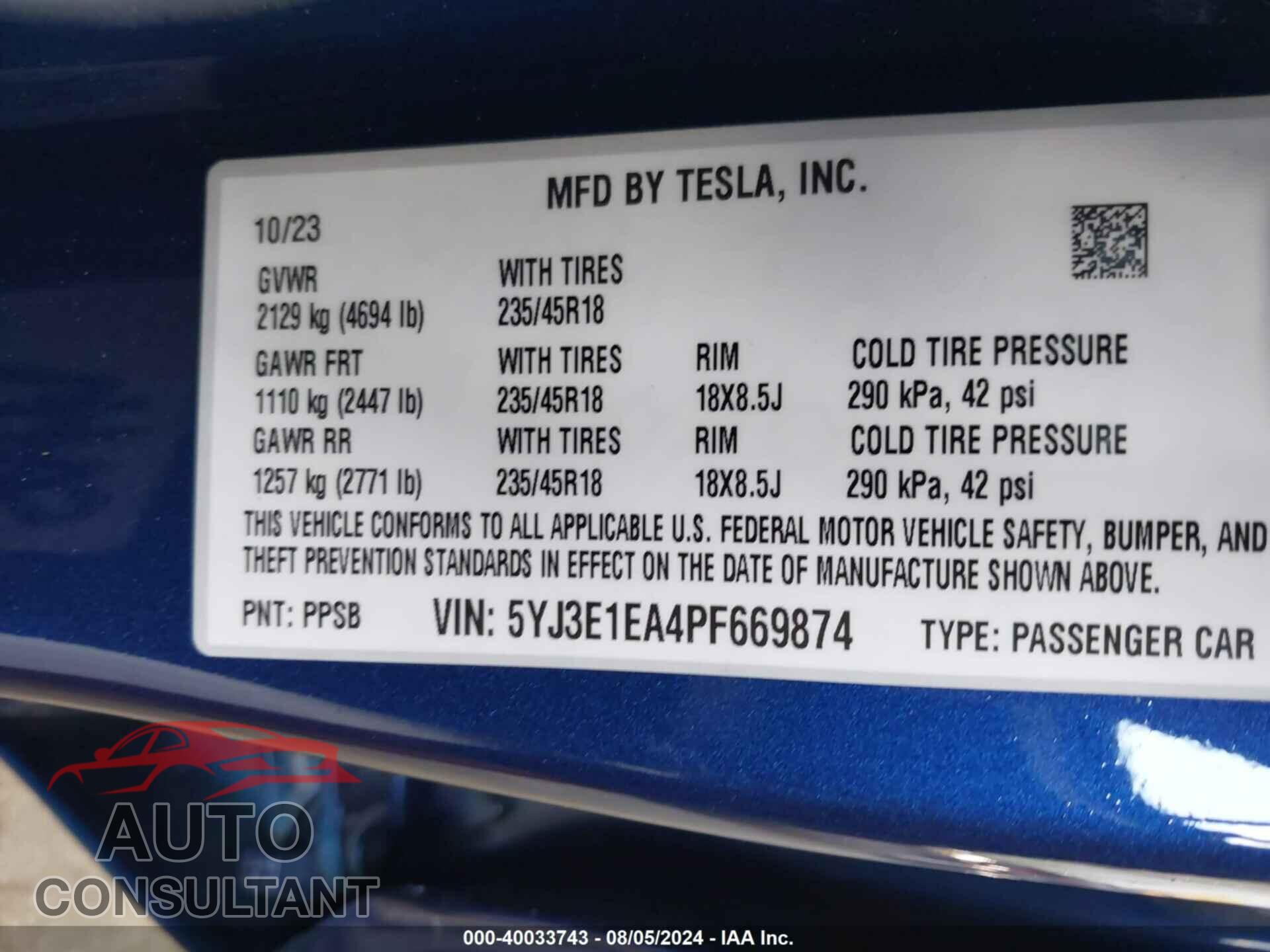 TESLA MODEL 3 2023 - 5YJ3E1EA4PF669874