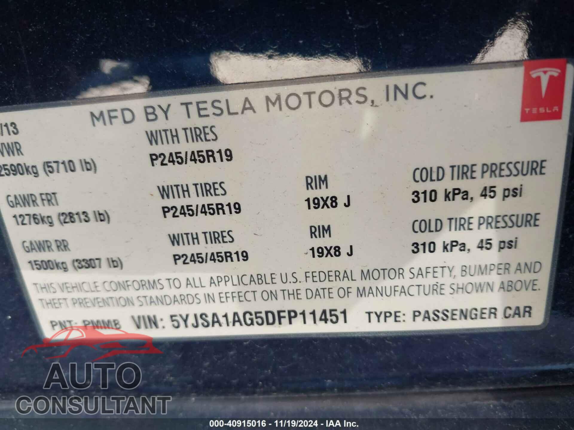 TESLA MODEL S 2013 - 5YJSA1AG5DFP11451