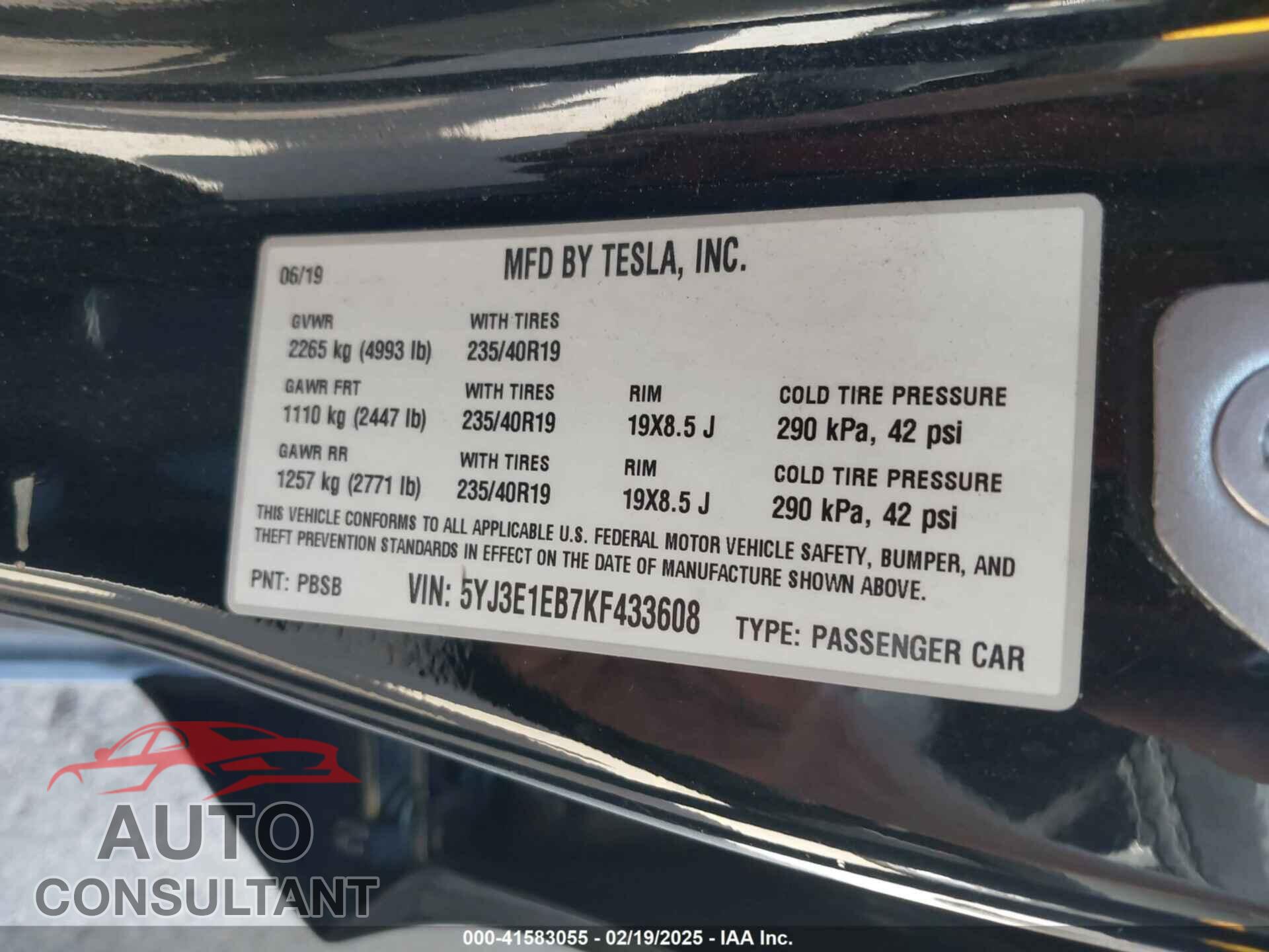 TESLA MODEL 3 2019 - 5YJ3E1EB7KF433608