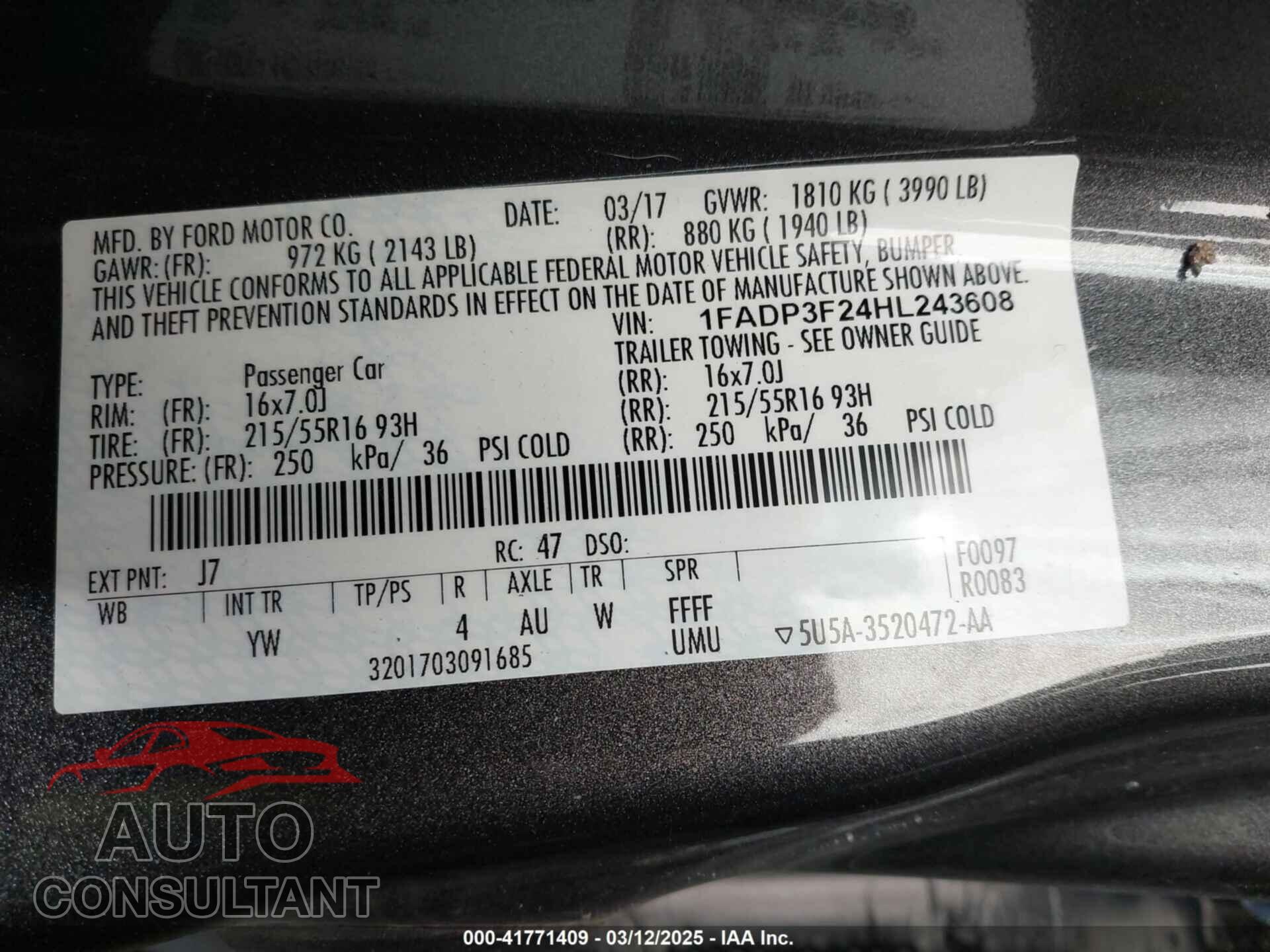 FORD FOCUS 2017 - 1FADP3F24HL243608