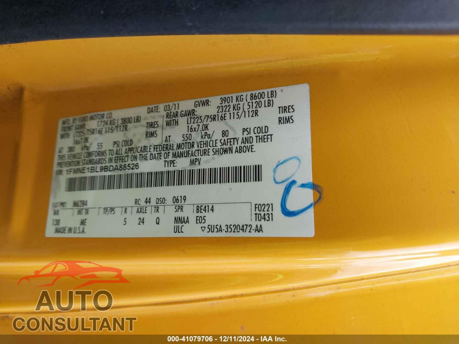 FORD E-150 2011 - 1FMNE1BL9BDA88526