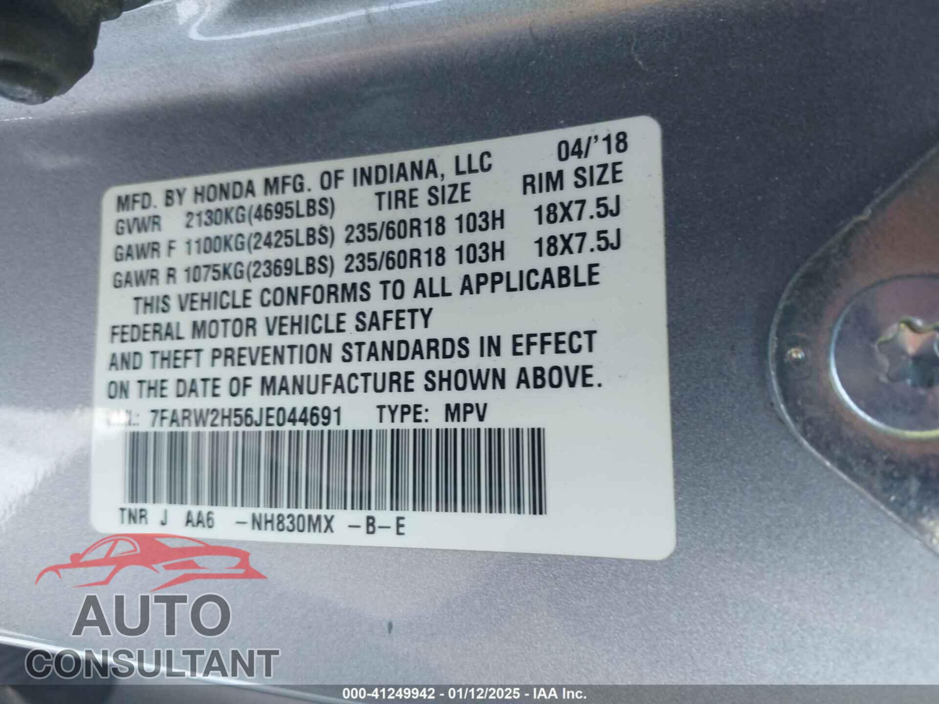 HONDA CR-V 2018 - 7FARW2H56JE044691