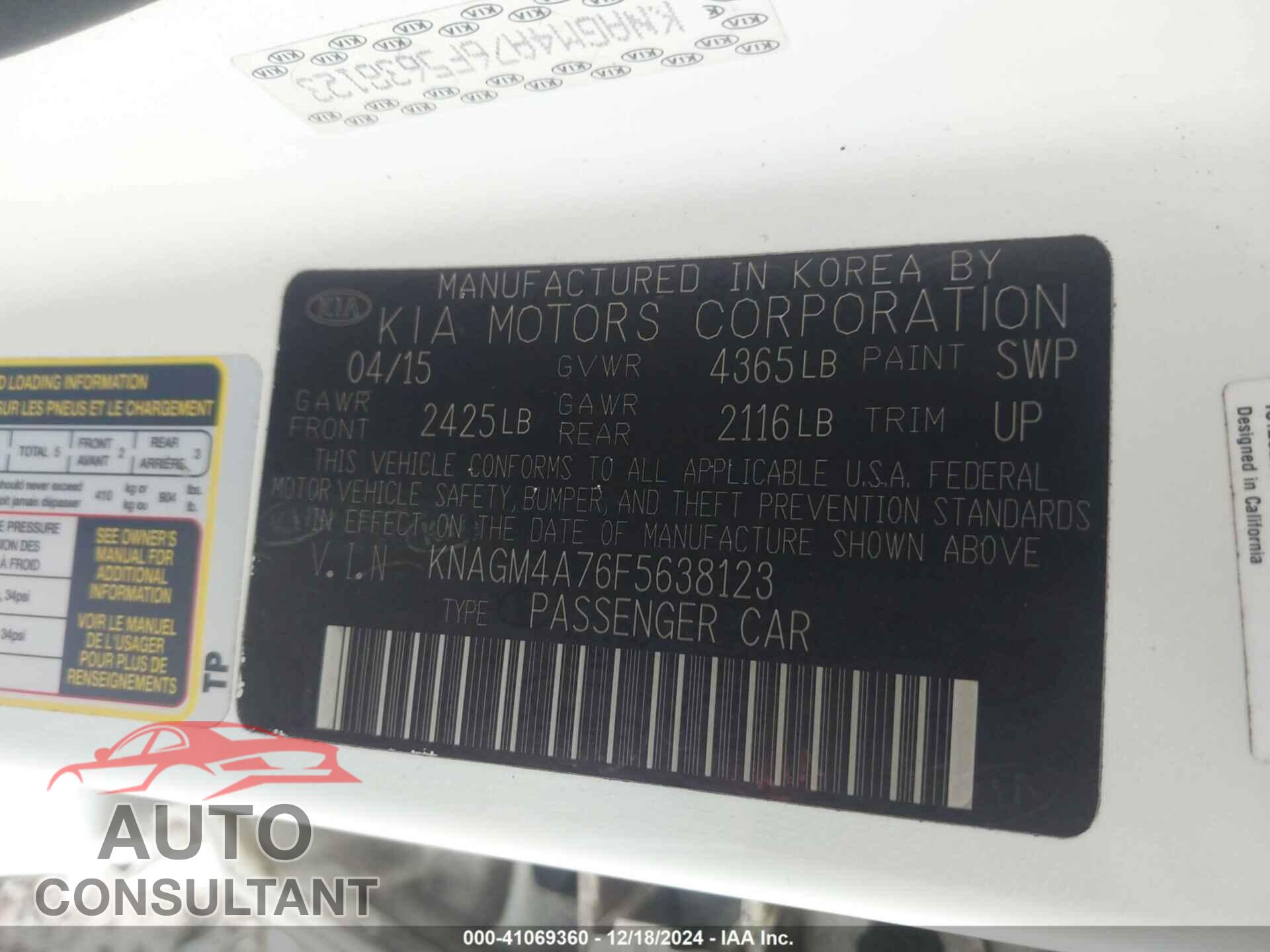KIA OPTIMA 2015 - KNAGM4A76F5638123