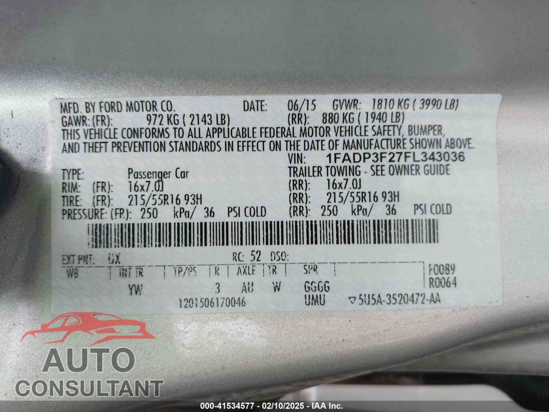 FORD FOCUS 2015 - 1FADP3F27FL343036