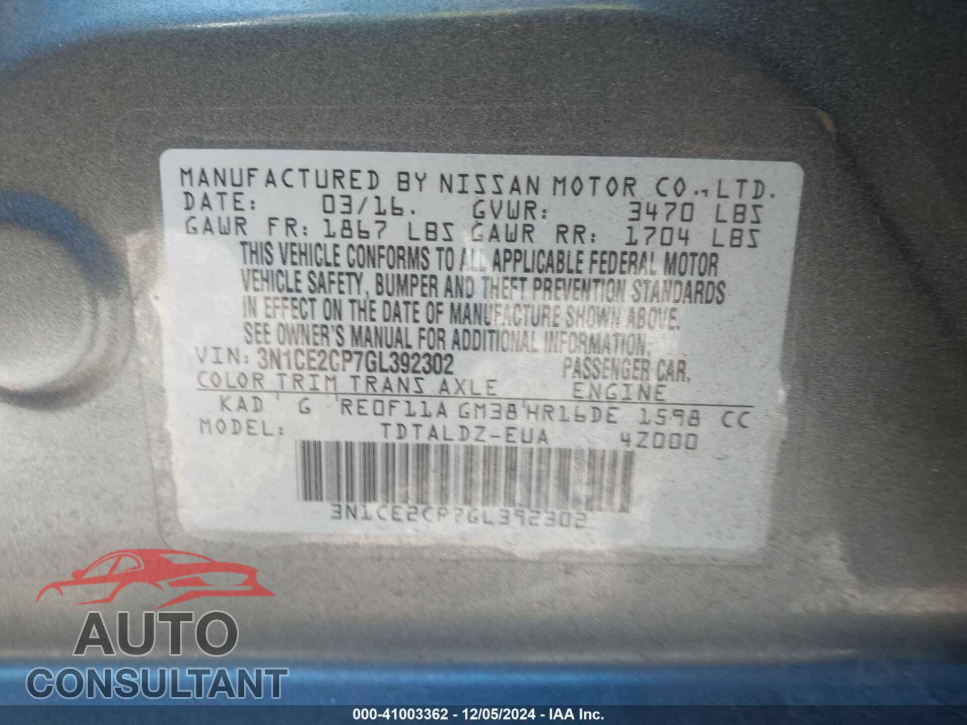 NISSAN VERSA NOTE 2016 - 3N1CE2CP7GL392302