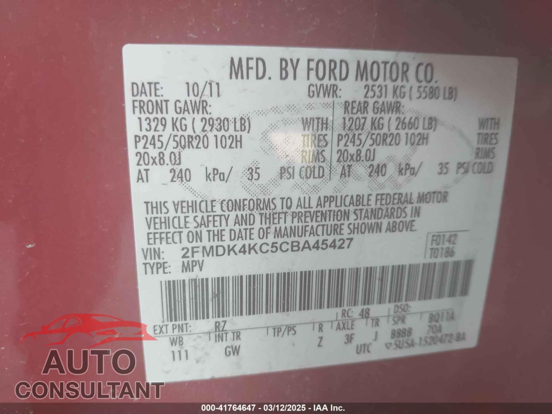 FORD EDGE 2012 - 2FMDK4KC5CBA45427