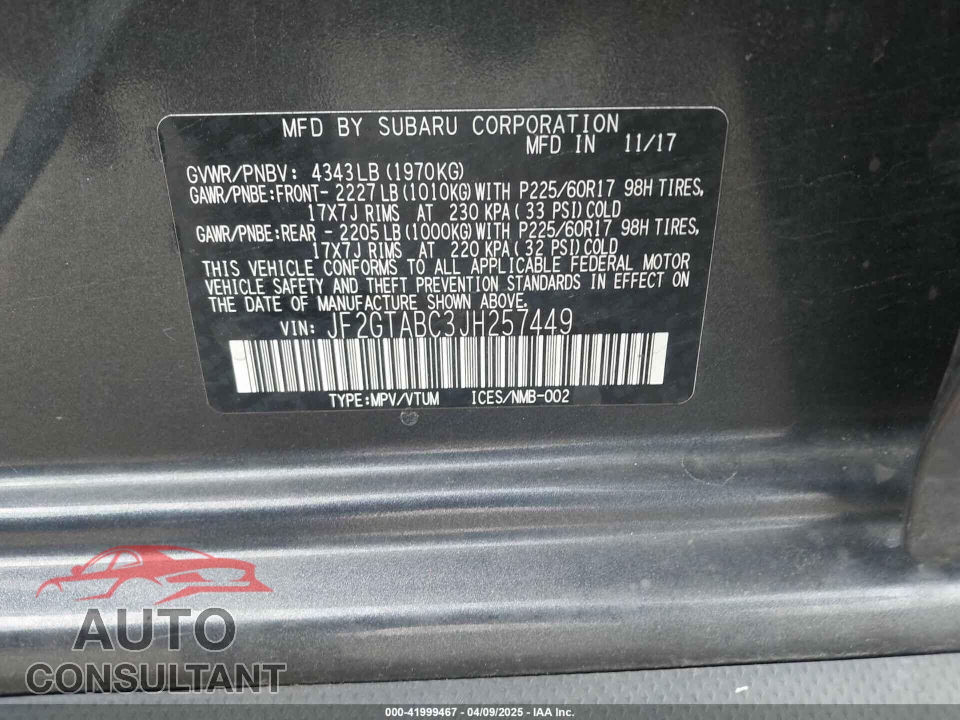SUBARU CROSSTREK 2018 - JF2GTABC3JH257449