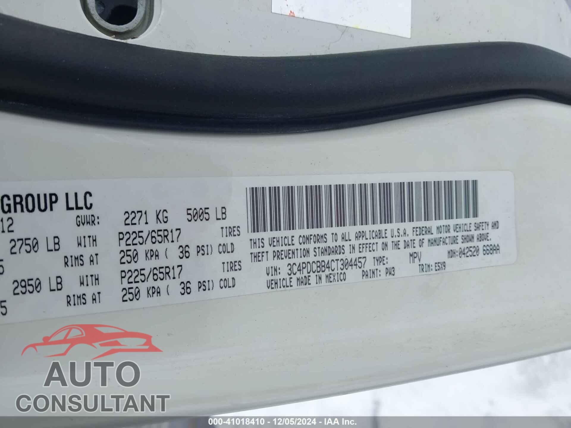 DODGE JOURNEY 2012 - 3C4PDCBB4CT304457