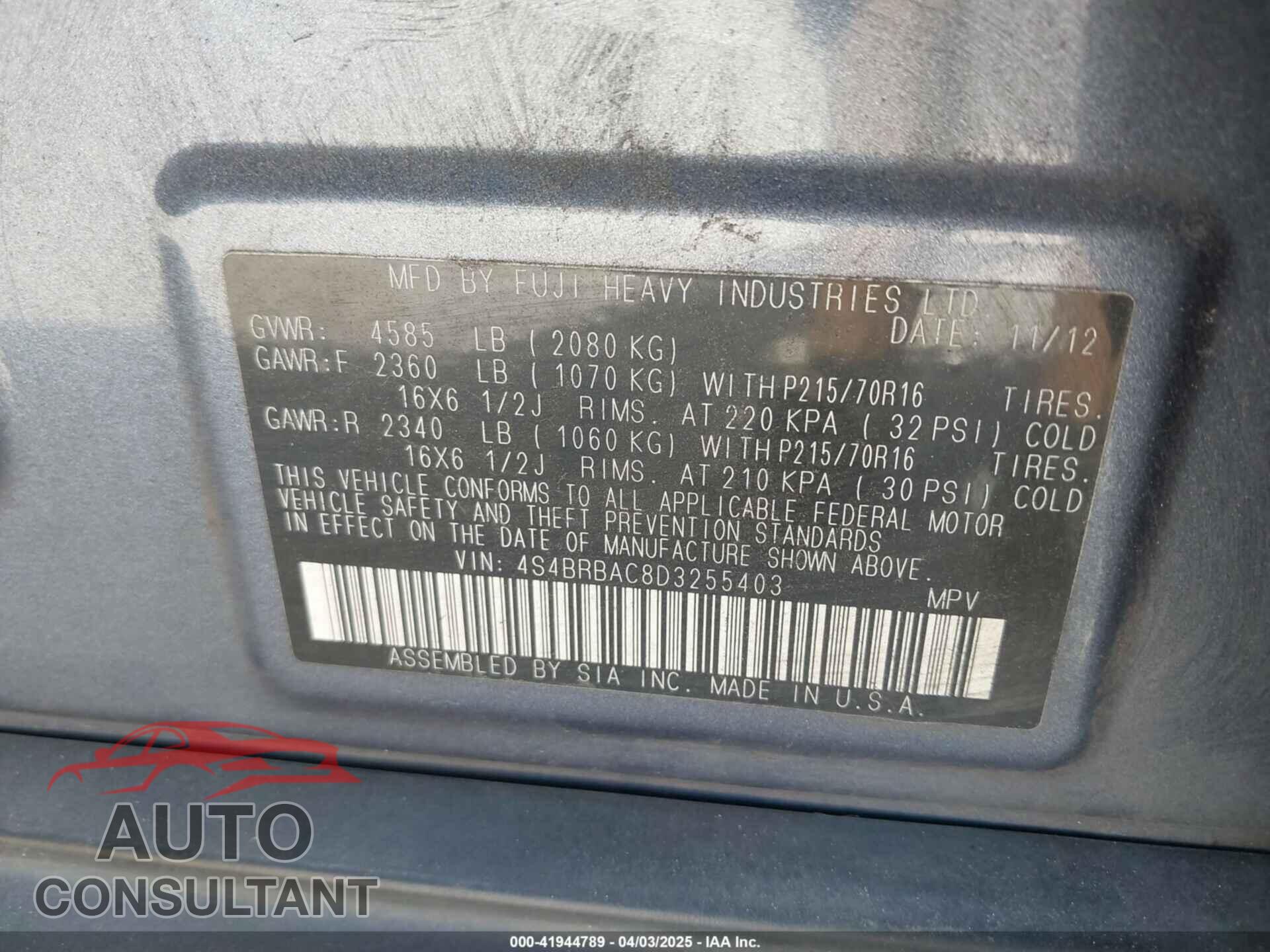 SUBARU OUTBACK 2013 - 4S4BRBAC8D3255403