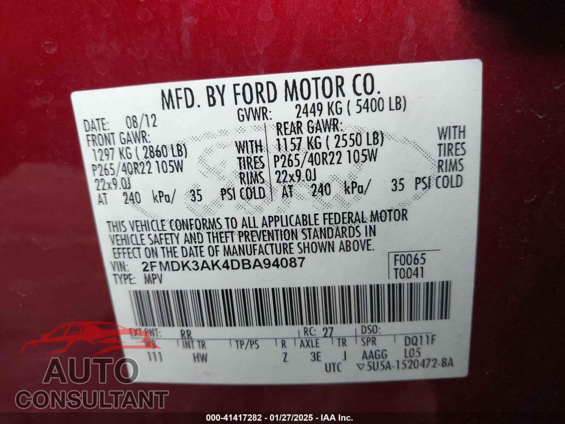 FORD EDGE 2013 - 2FMDK3AK4DBA94087
