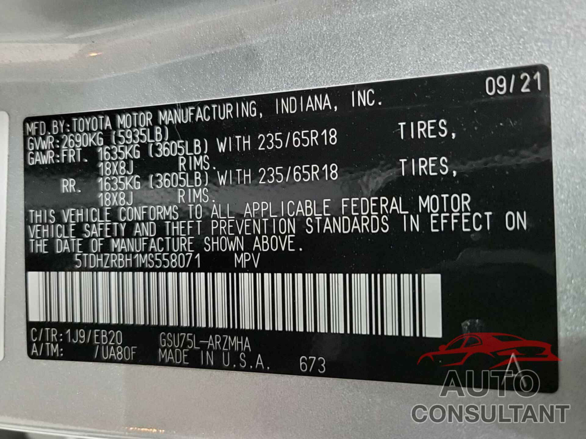 TOYOTA HIGHLANDER 2021 - 5TDHZRBH1MS558071