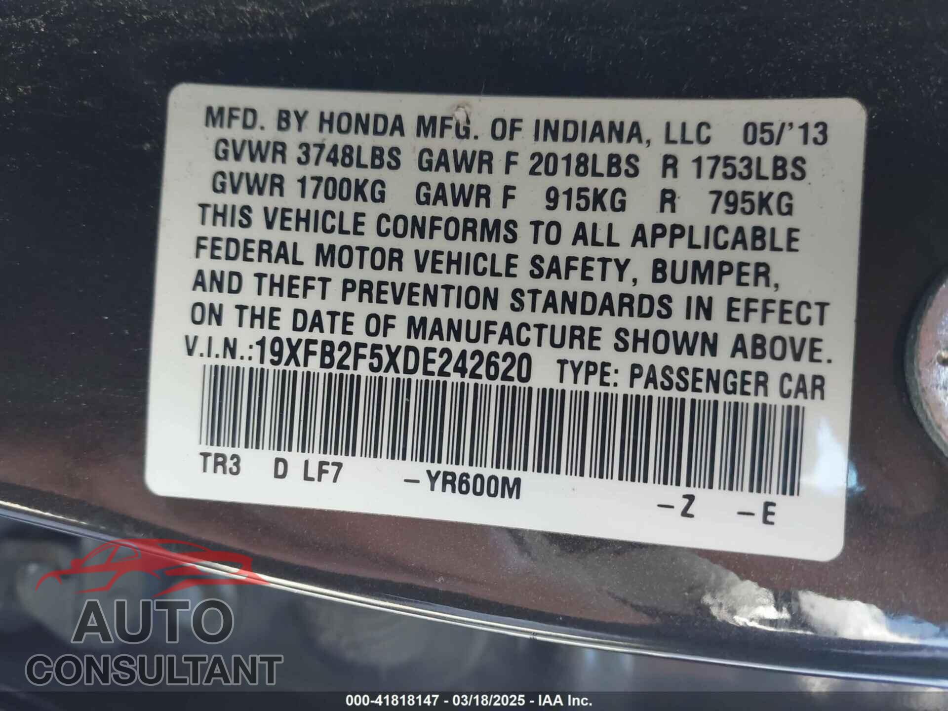 HONDA CIVIC 2013 - 19XFB2F5XDE242620