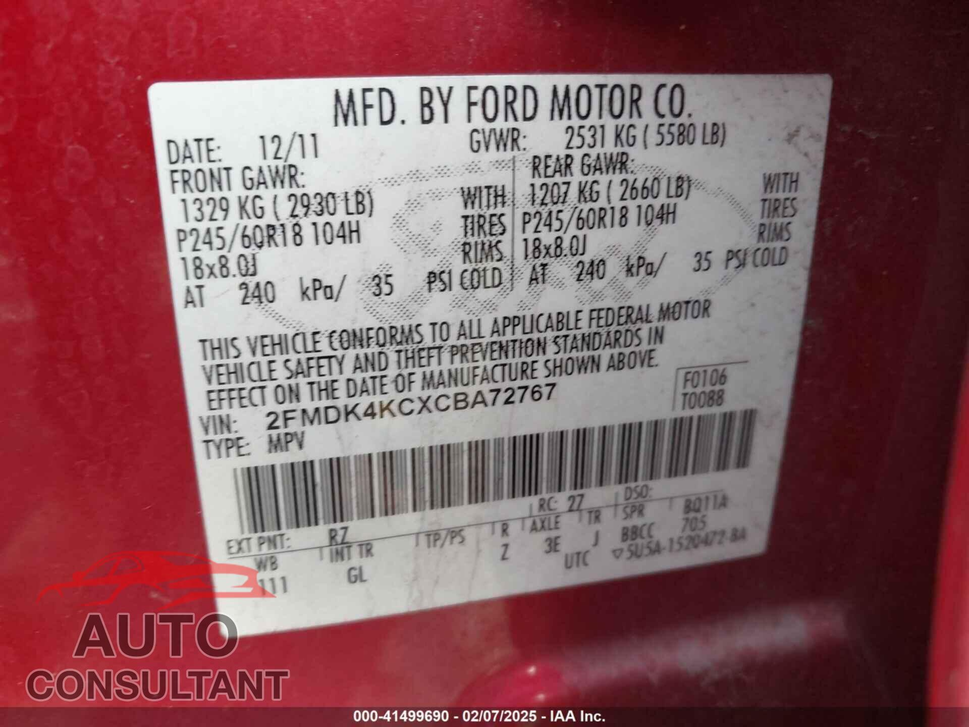 FORD EDGE 2012 - 2FMDK4KCXCBA72767