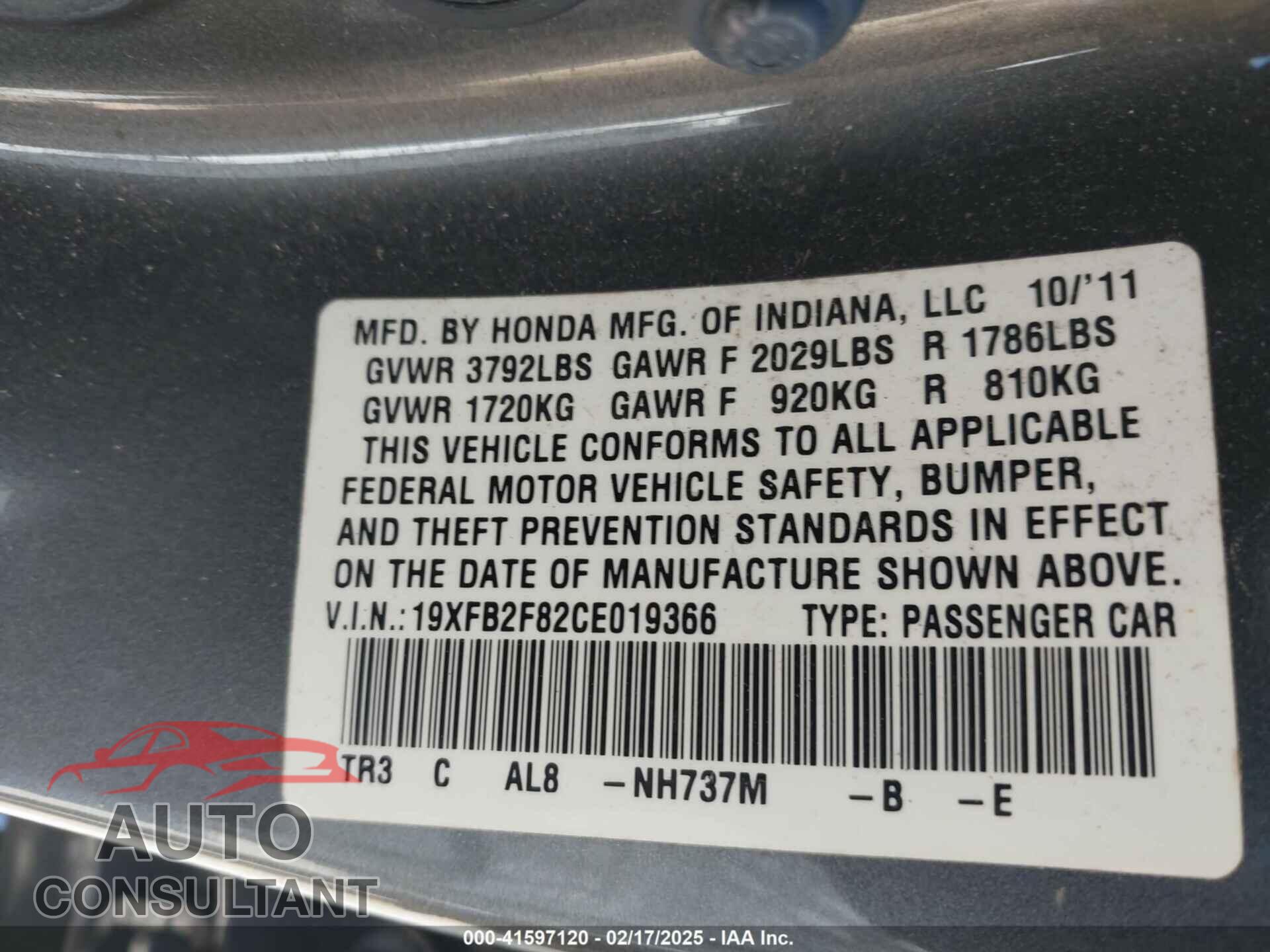 HONDA CIVIC 2012 - 19XFB2F82CE019366