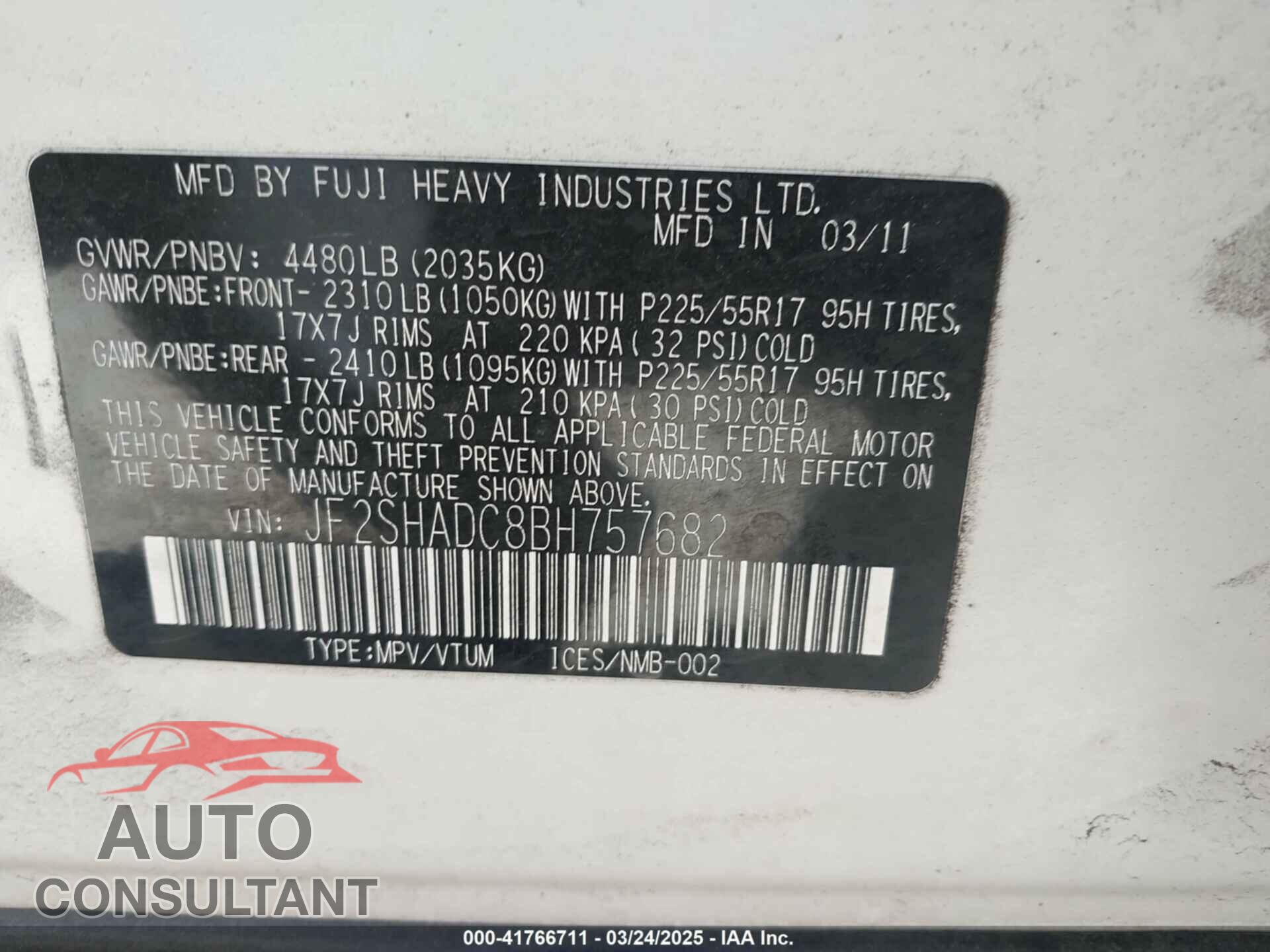 SUBARU FORESTER 2011 - JF2SHADC8BH757682