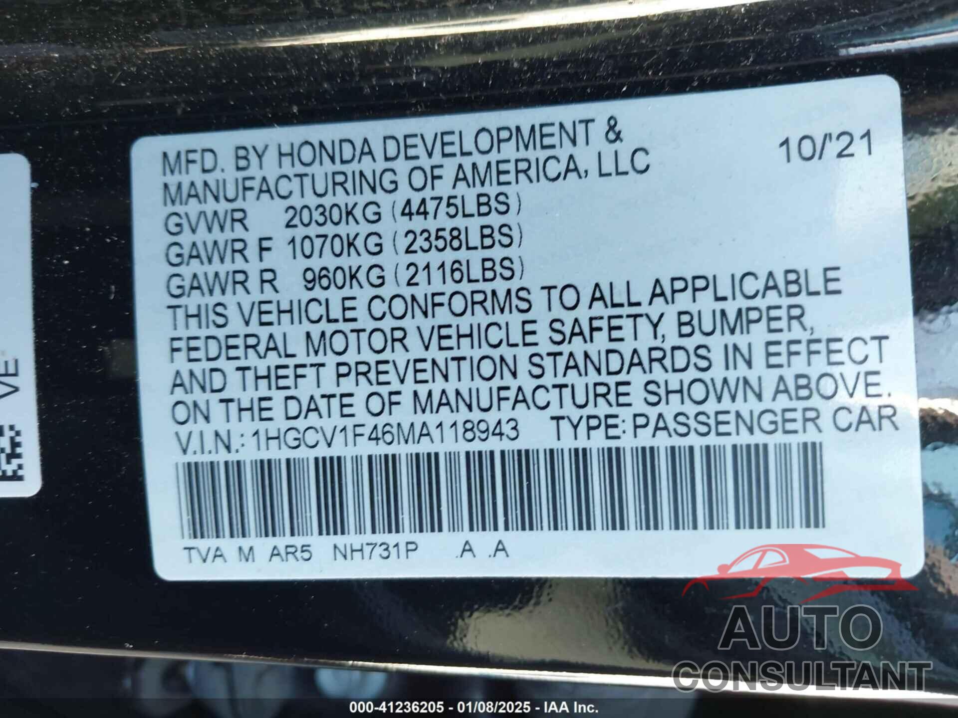 HONDA ACCORD 2021 - 1HGCV1F46MA118943