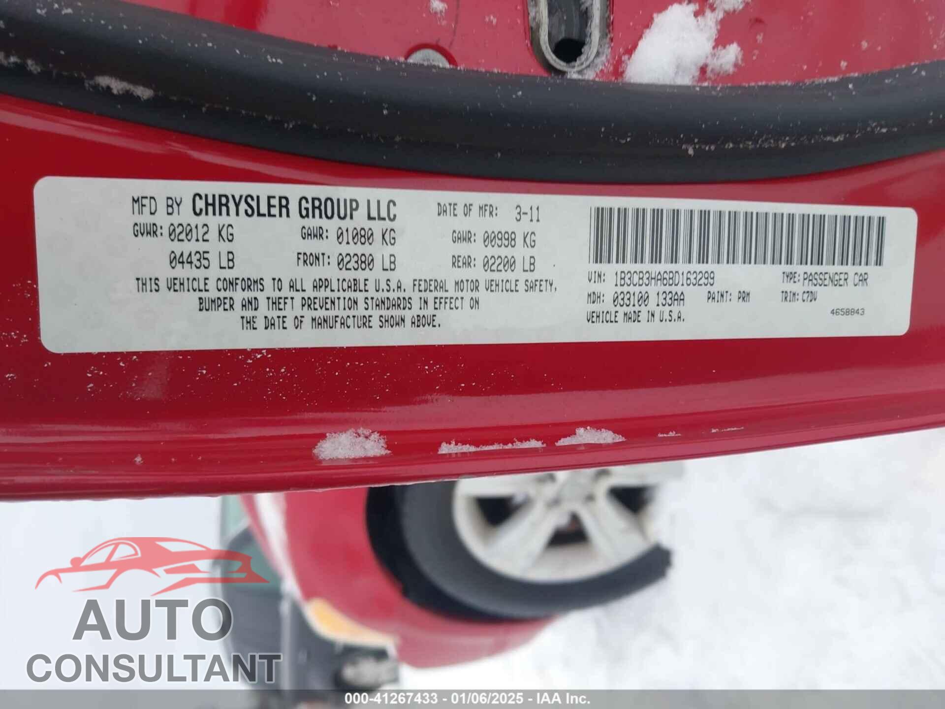 DODGE CALIBER 2011 - 1B3CB3HA6BD163299