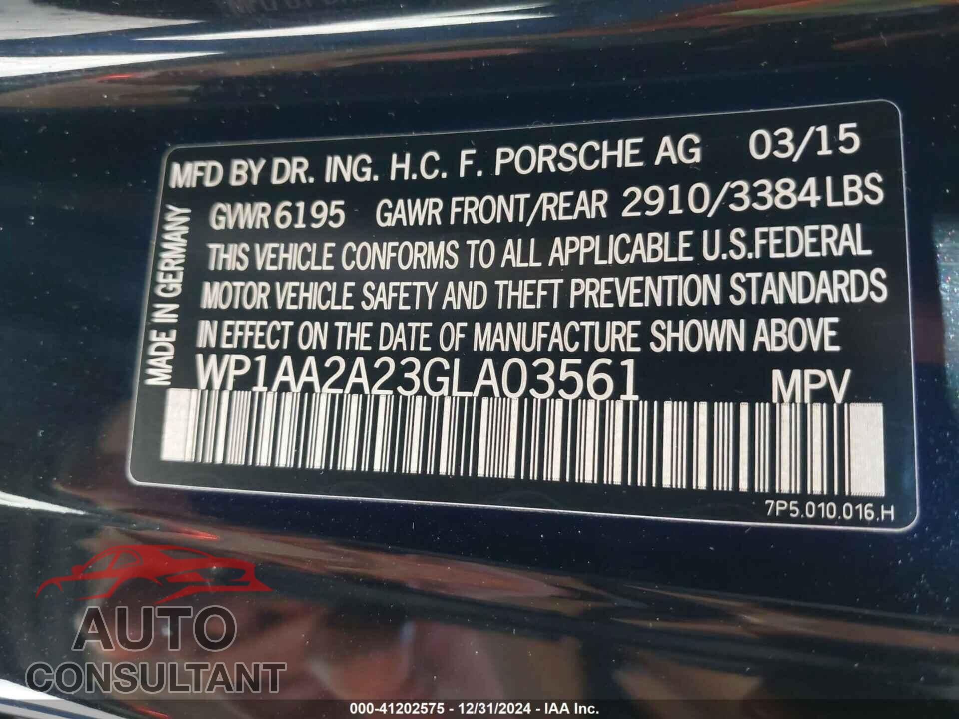 PORSCHE CAYENNE 2016 - WP1AA2A23GLA03561