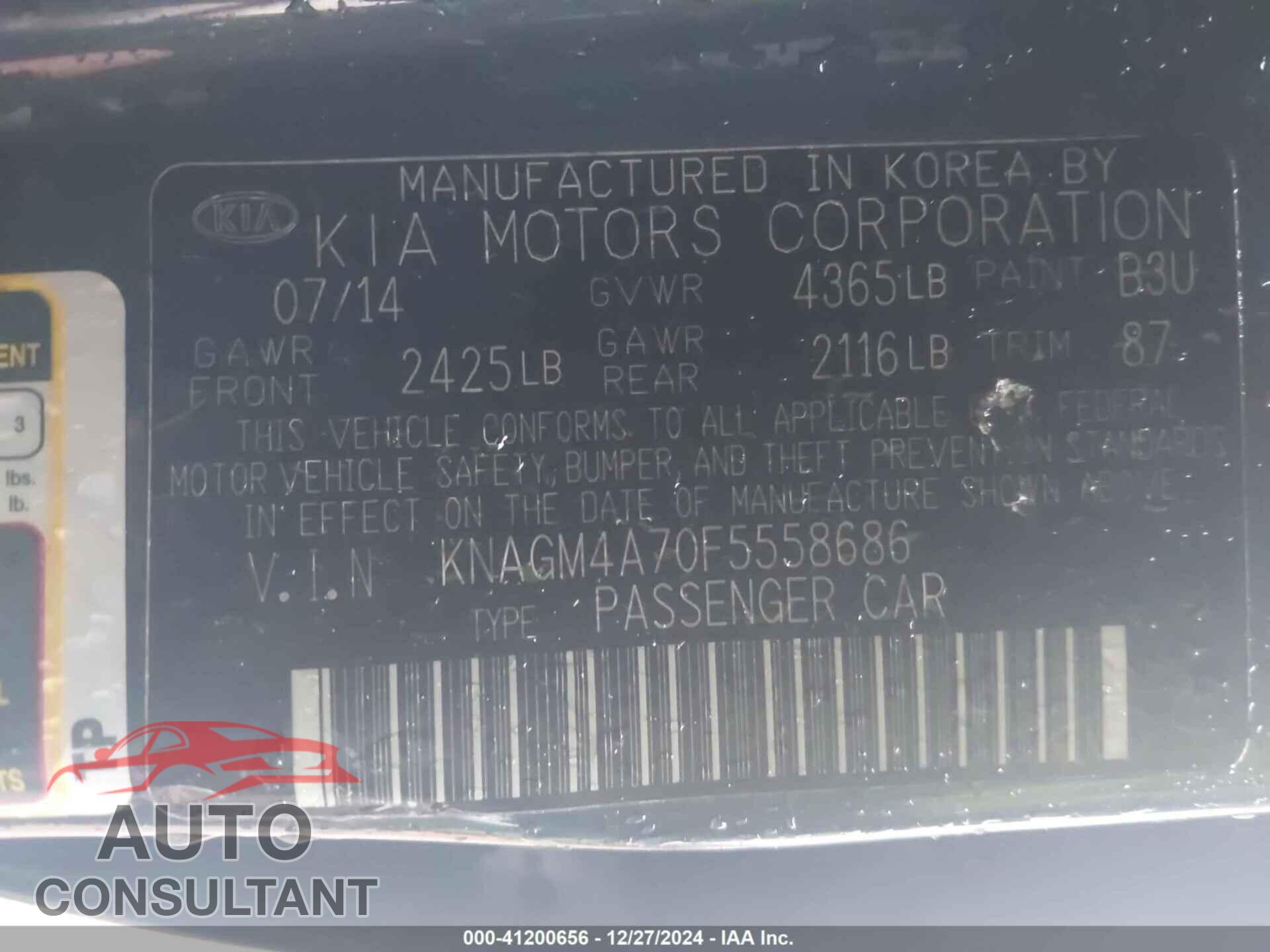 KIA OPTIMA 2015 - KNAGM4A70F5558686