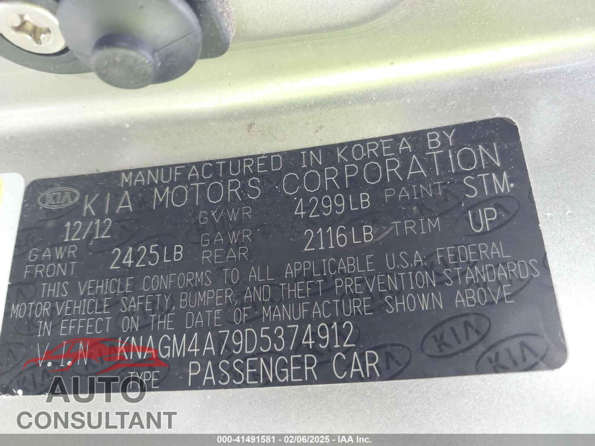 KIA OPTIMA 2013 - KNAGM4A79D5374912