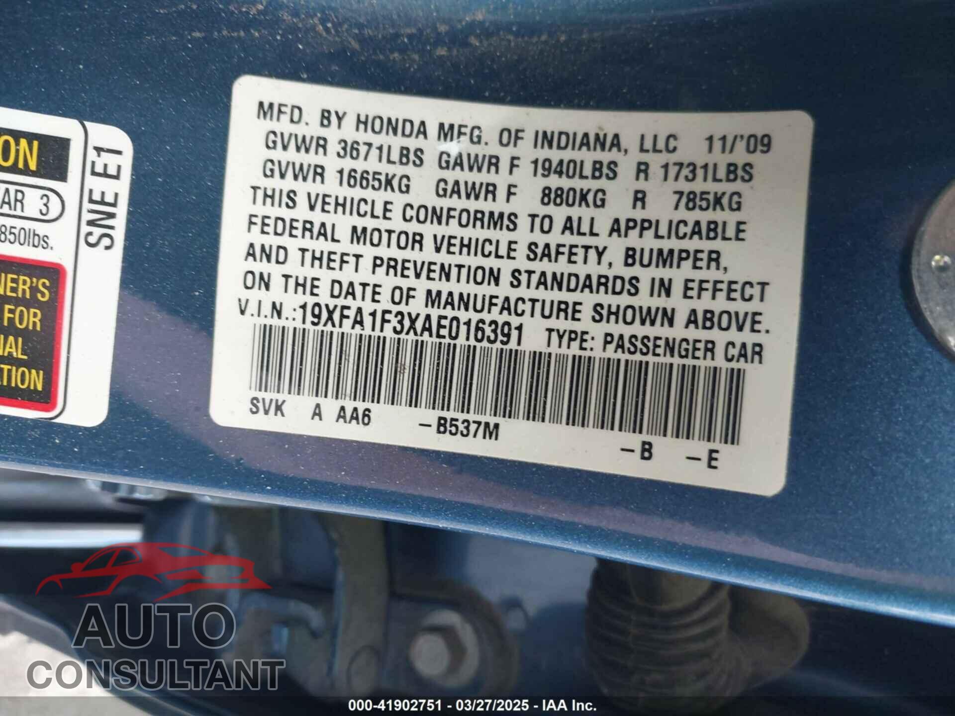HONDA CIVIC 2010 - 19XFA1F3XAE016391