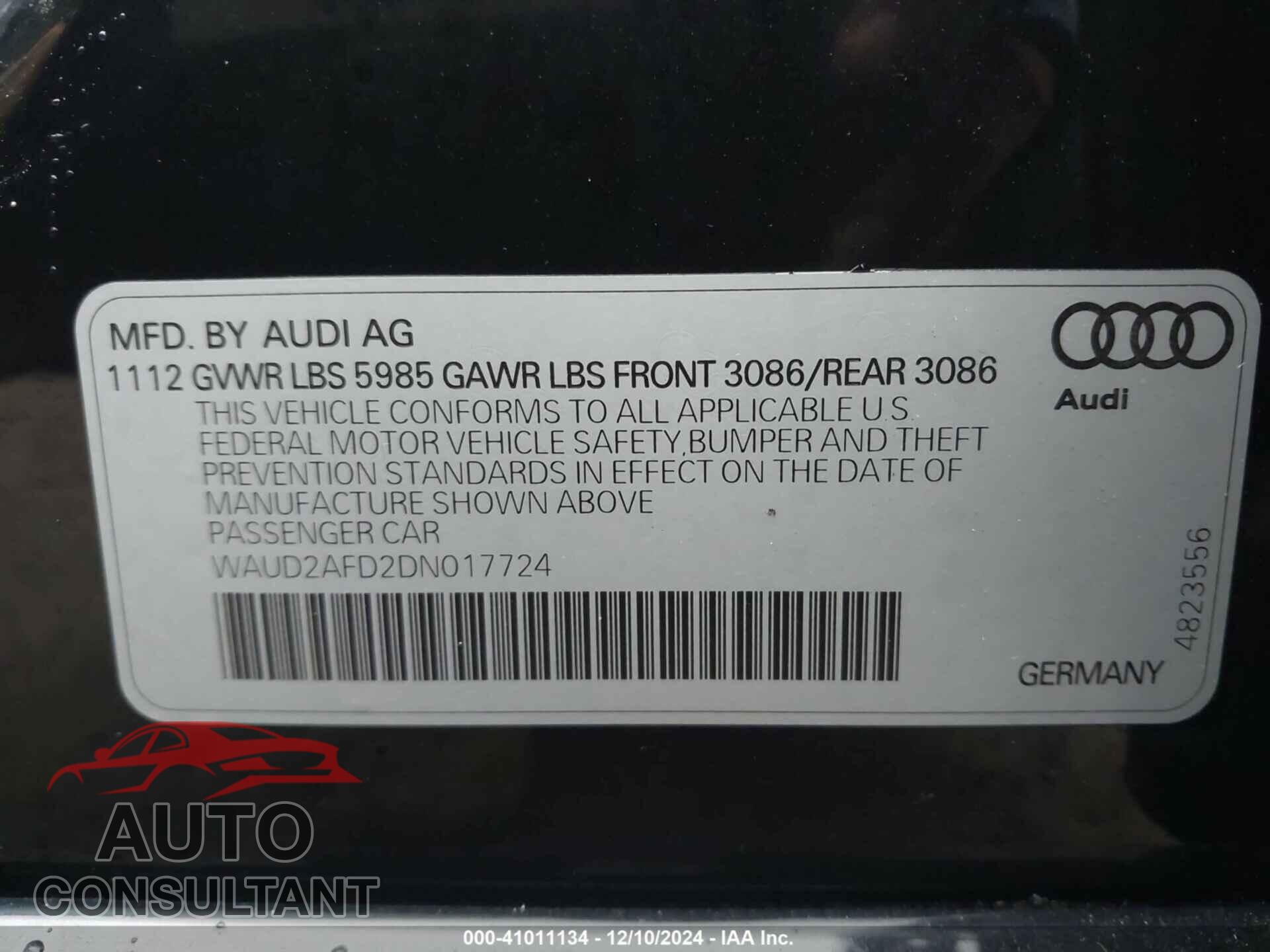 AUDI S8 2013 - WAUD2AFD2DN017724