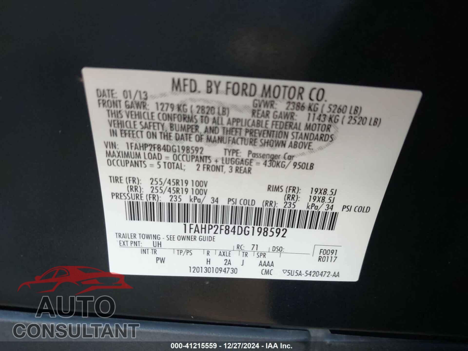 FORD TAURUS 2013 - 1FAHP2F84DG198592