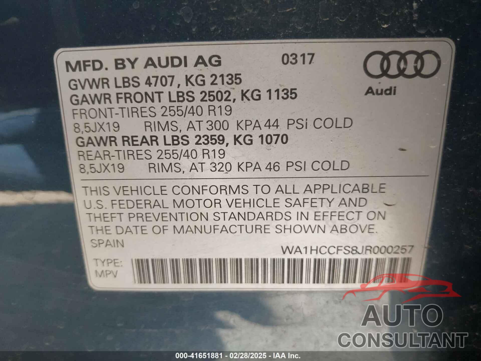 AUDI Q3 2018 - WA1HCCFS8JR000257
