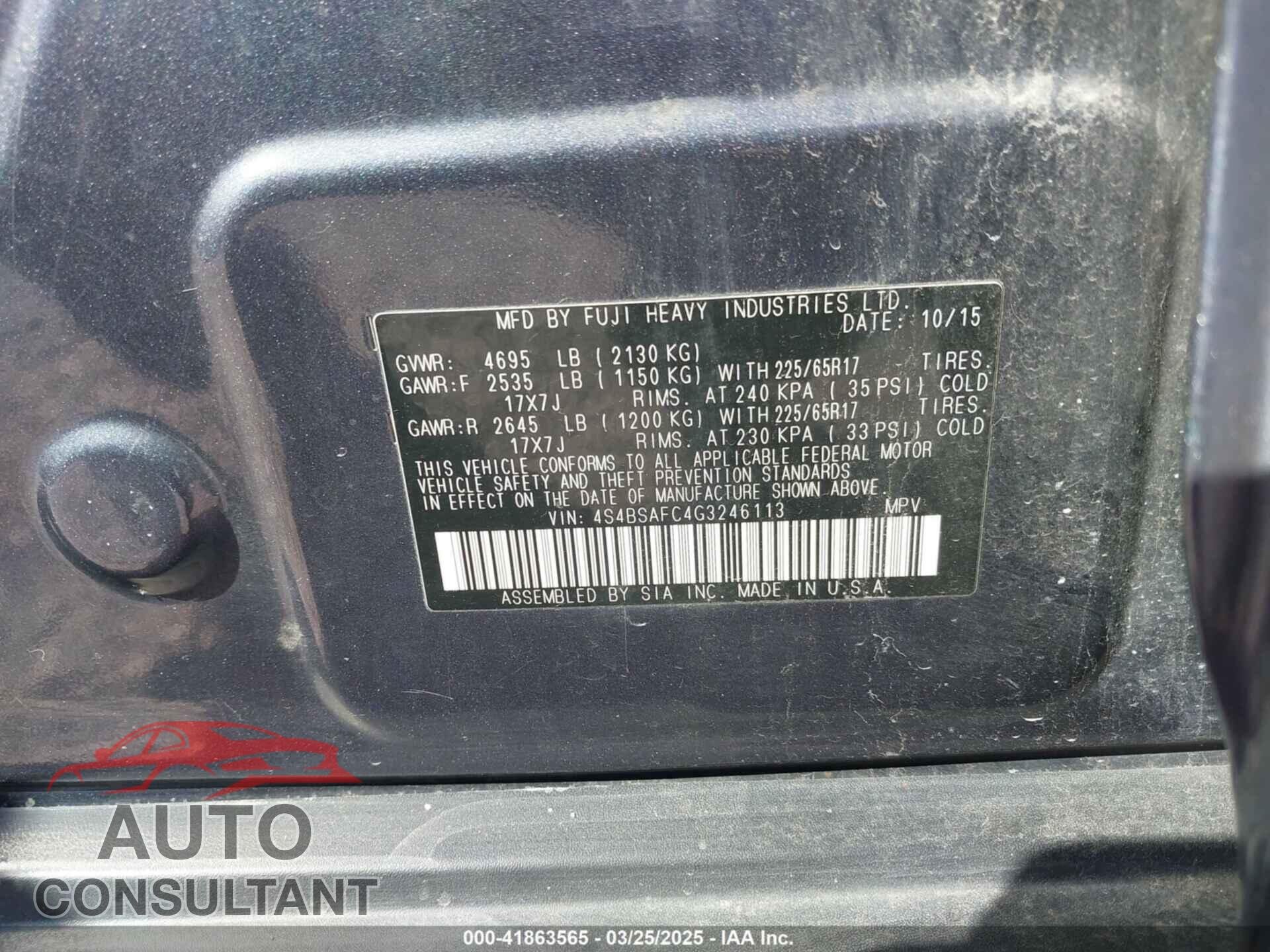 SUBARU OUTBACK 2016 - 4S4BSAFC4G3246113