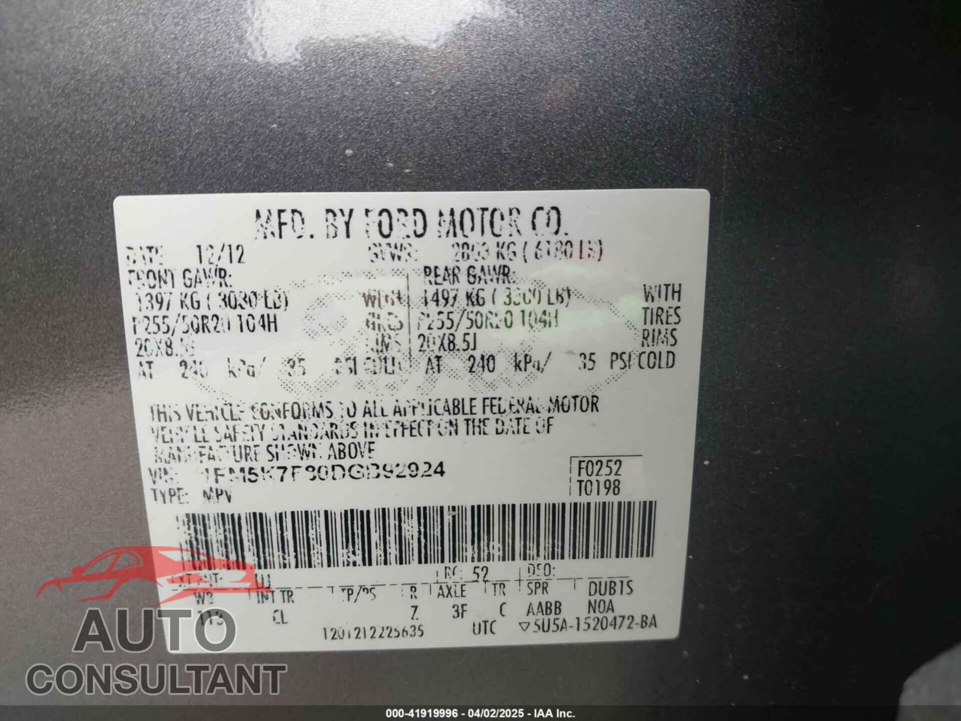 FORD EXPLORER 2013 - 1FM5K7F80DGB92924