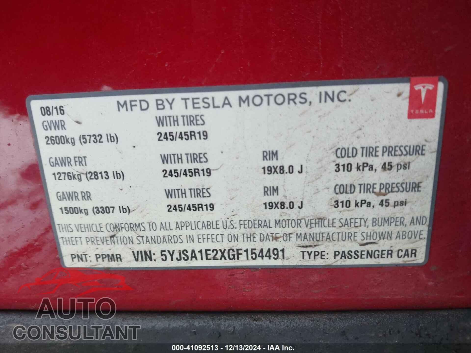 TESLA MODEL S 2016 - 5YJSA1E2XGF154491