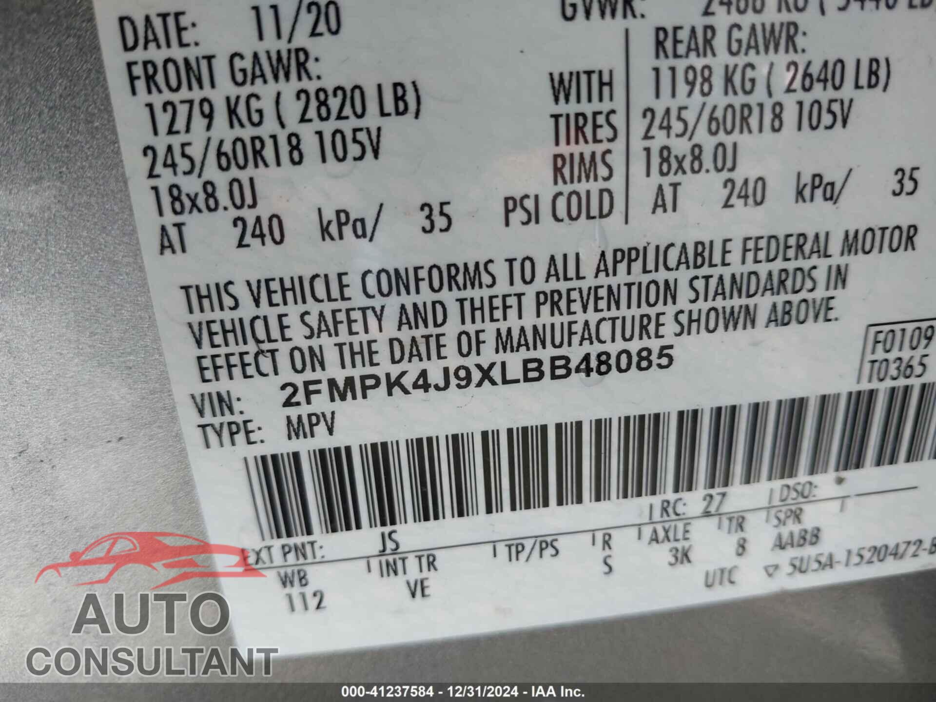 FORD EDGE 2020 - 2FMPK4J9XLBB48085