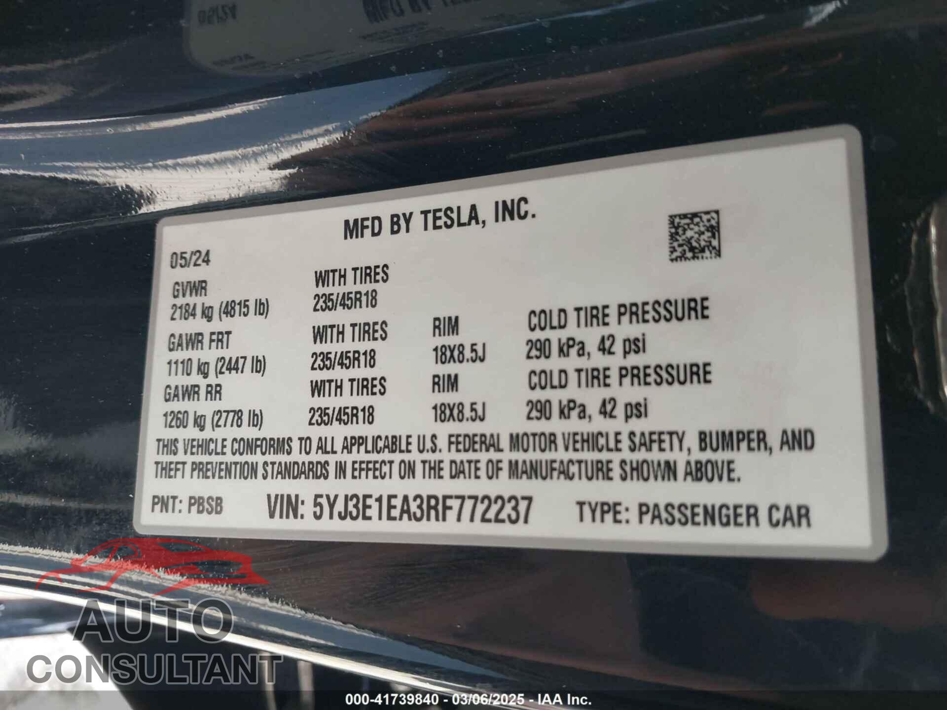 TESLA MODEL 3 2024 - 5YJ3E1EA3RF772237