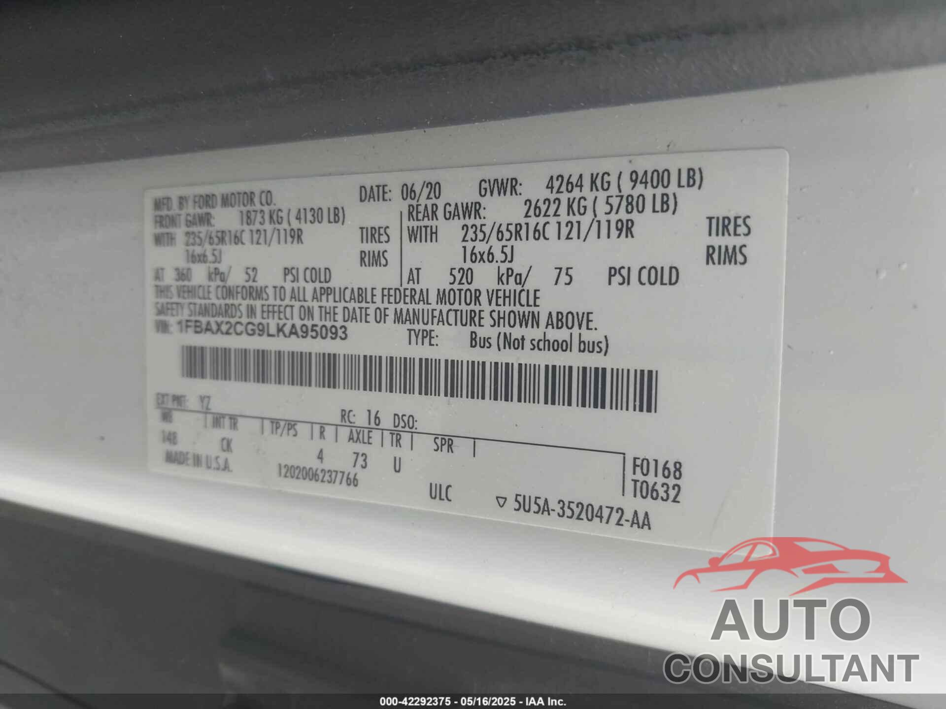 FORD TRANSIT-350 PASSENGER VAN 2020 - 1FBAX2CG9LKA95093